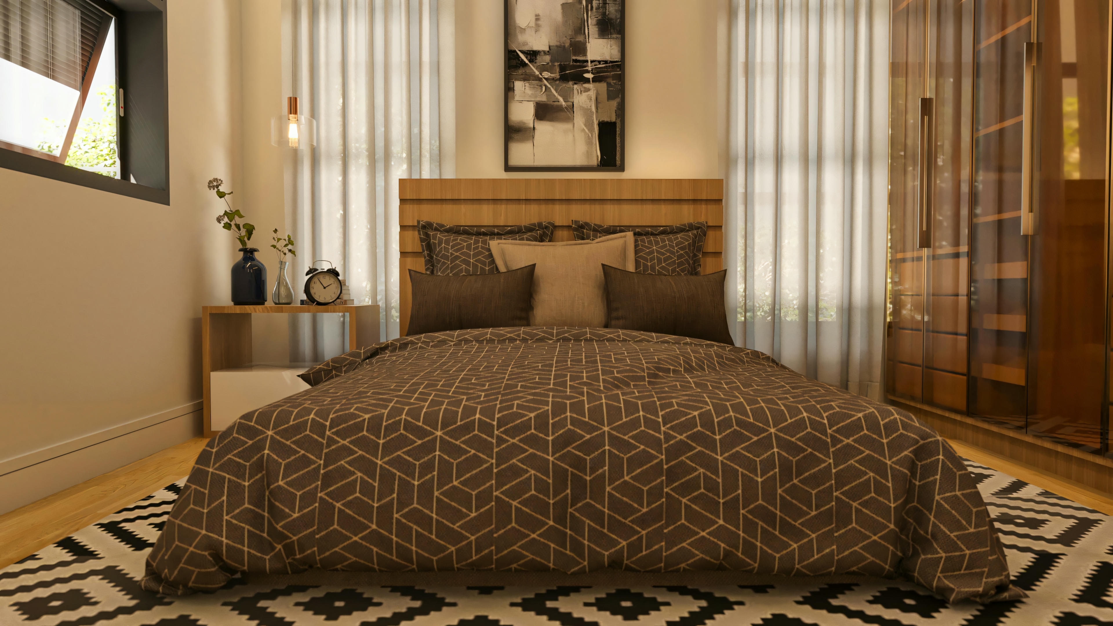 Suíte de casal aconchegante em projeto de casa moderna com 394.84m² e 4 quartos. Quarto com cama de casal com cabeceira em painel de madeira, enxoval com estampa geométrica em tons de marrom e bege, conjunto de almofadas, mesa de cabeceira branca com nicho, luminária pendente com design industrial. Janela com cortinas translúcidas, tapete com grafismos em preto e branco, e armário com portas de vidro canelado ou texturizado à direita.