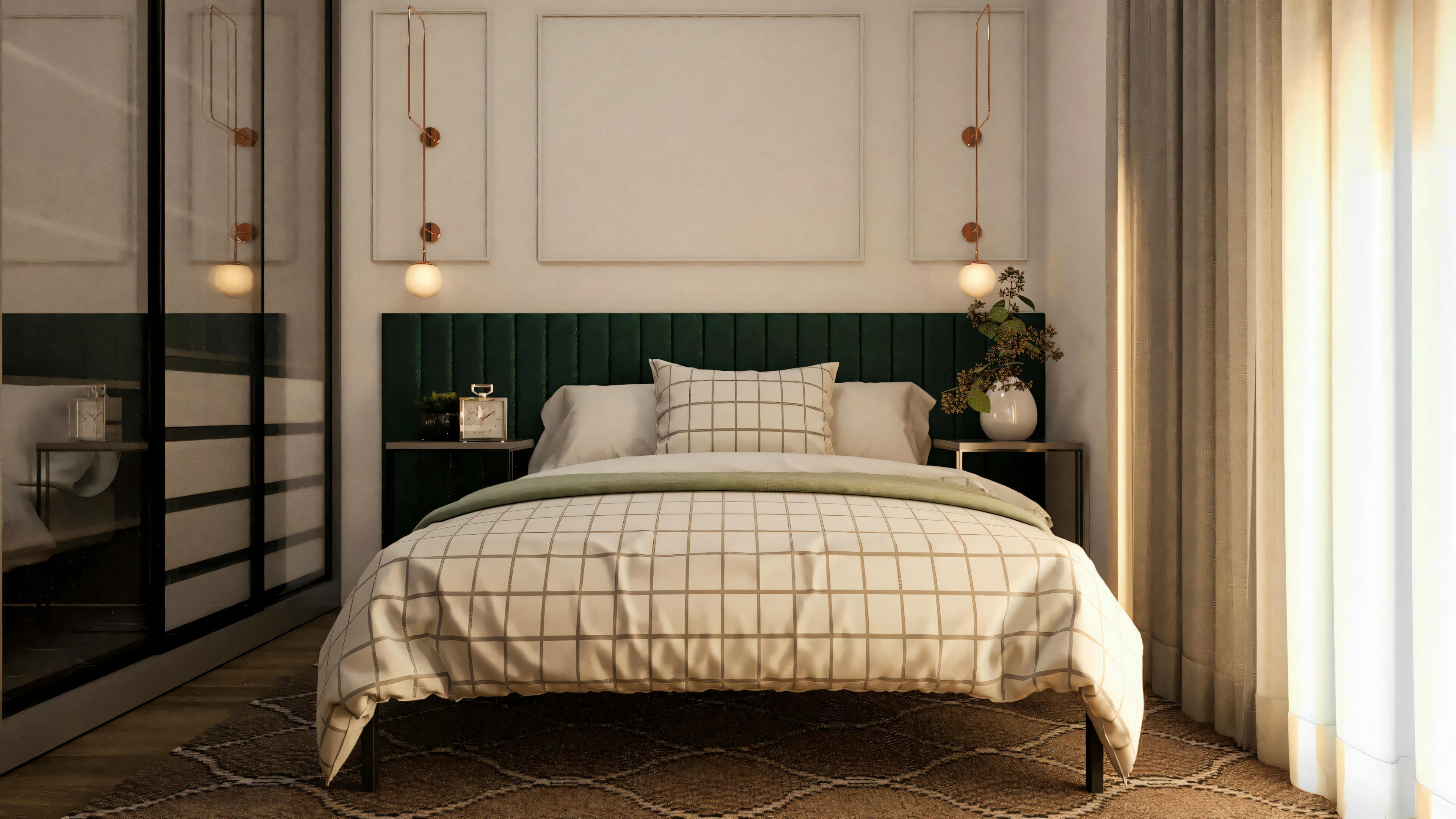 Quarto de suíte elegantemente decorado em sobrado de 194.7m² em terreno 10x25. Destaque para a cabeceira estofada verde, iluminação pendente moderna, armário com portas de correr espelhadas e boiserie.