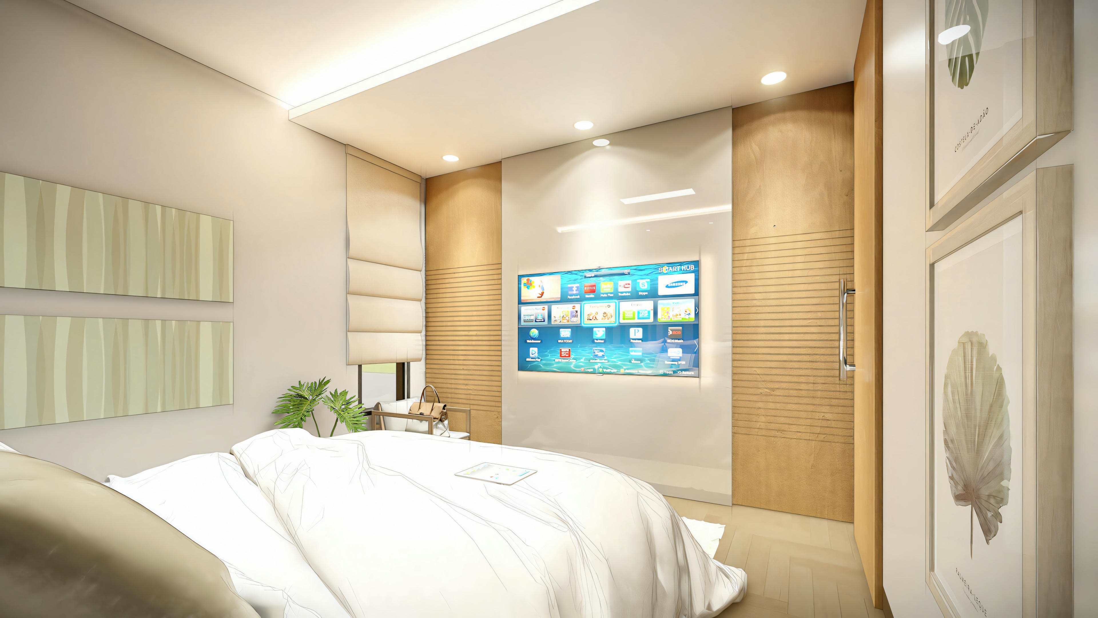 Vista de la suite moderna desde la cama, mostrando panel de TV con acabado blanco y madera, televisión de pantalla plana instalada, ventana con persiana romana, puerta de madera, cuadros decorativos e iluminación empotrada en el techo.