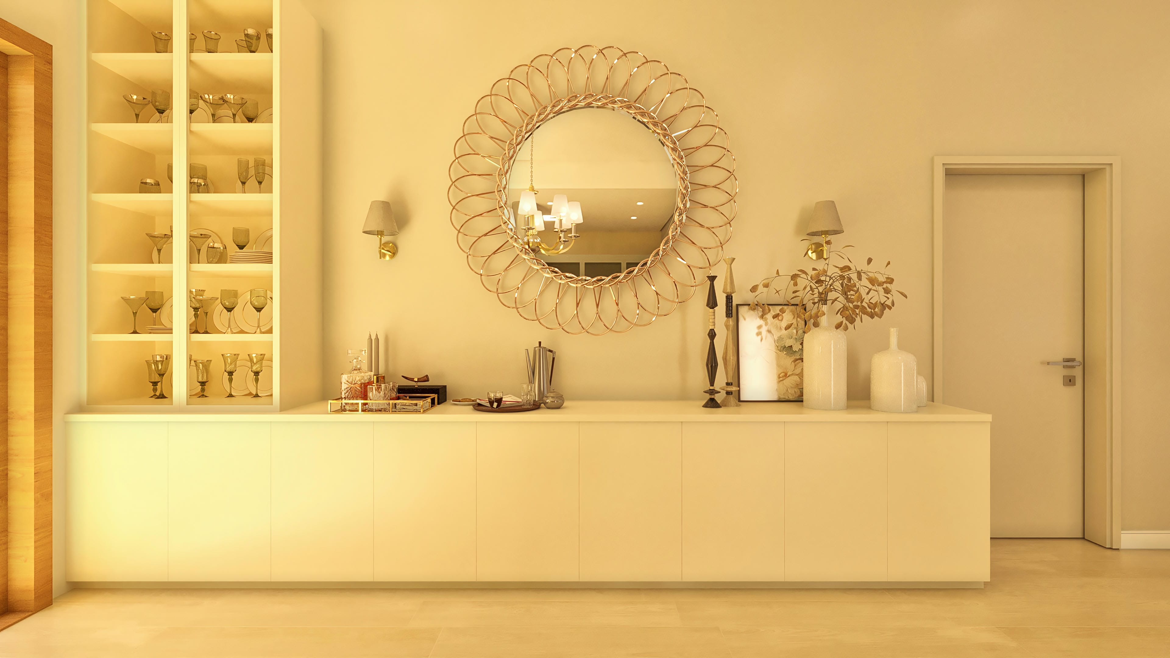 Detalle de interior con armario empotrado en tono claro, repisas con copas y vajillas, y espejo decorativo con marco dorado.