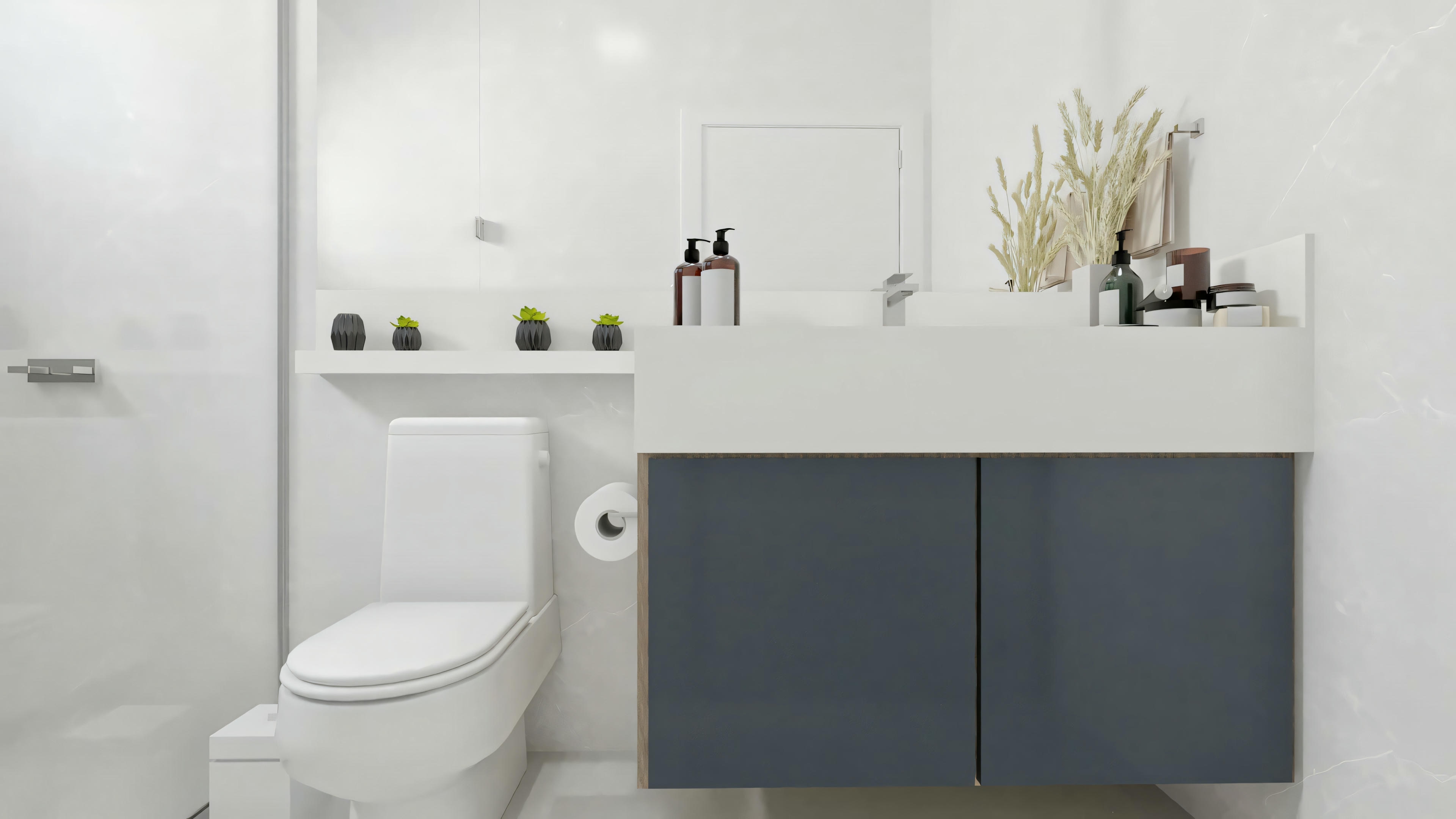 Aseo social del proyecto de casa con 3 dormitorios y piscina. Mueble de lavabo suspendido gris, encimera blanca, estante e inodoro. Proyecto arquitectónico Archshop.