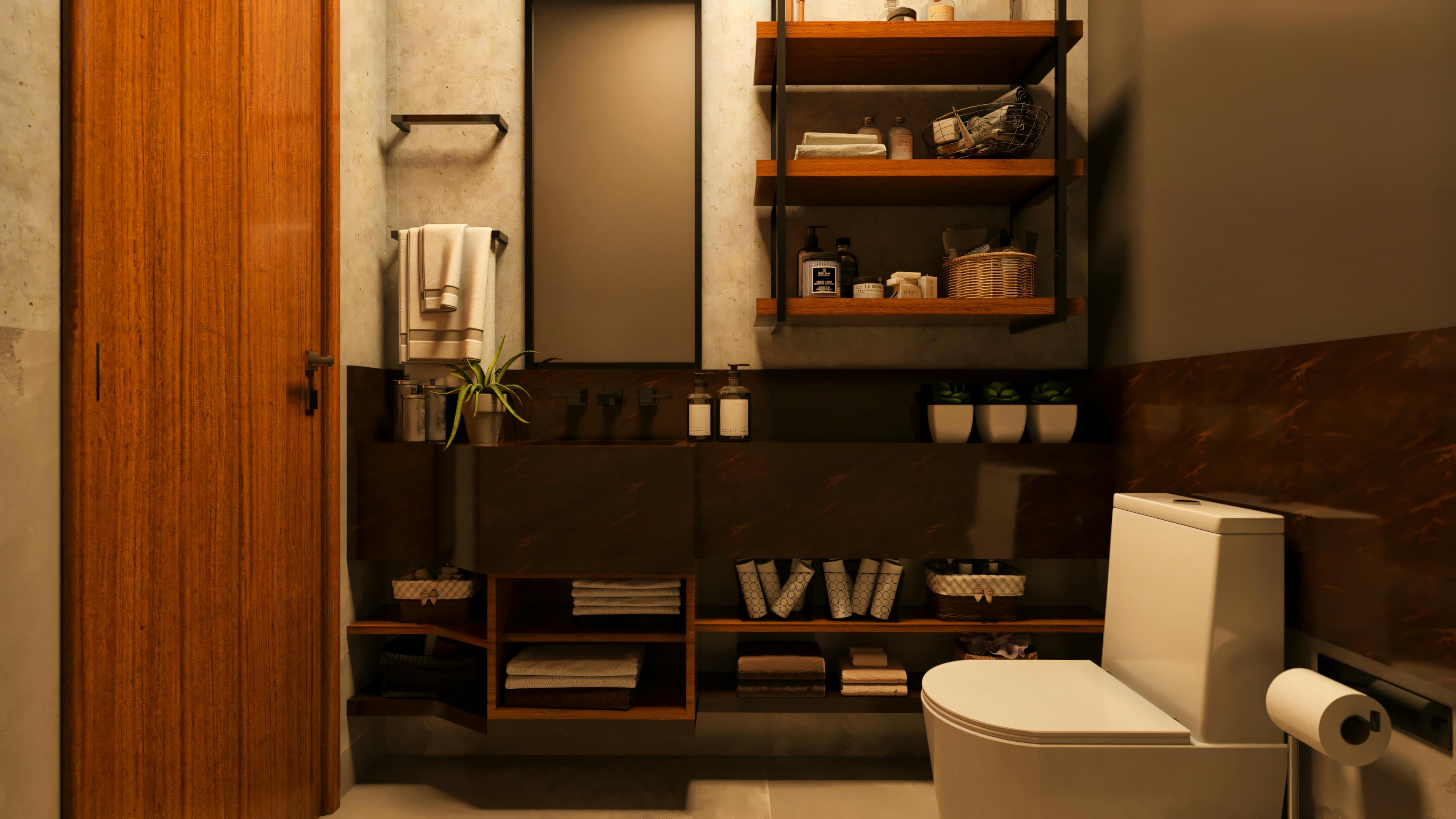 Baño moderno de una casa de lujo, con puerta y estanterías de madera, revestimientos en tonos oscuros y claros, espejo vertical e inodoro blanco.