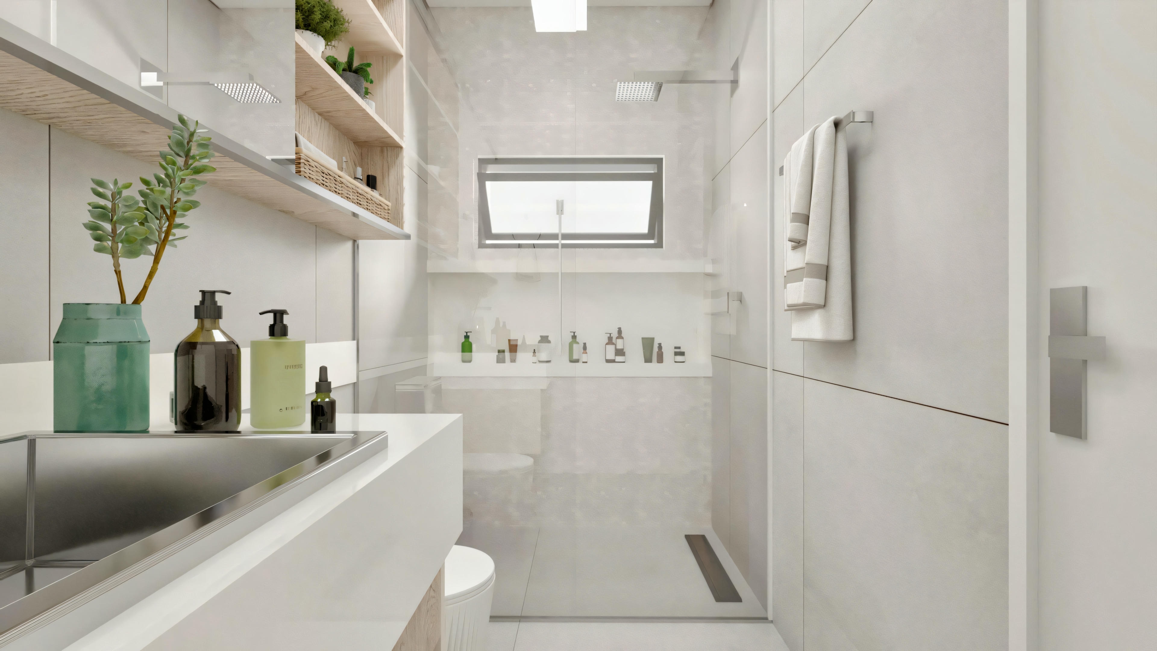 Un baño moderno con bañera, lavabo y espejo, decorado con tonos neutros.