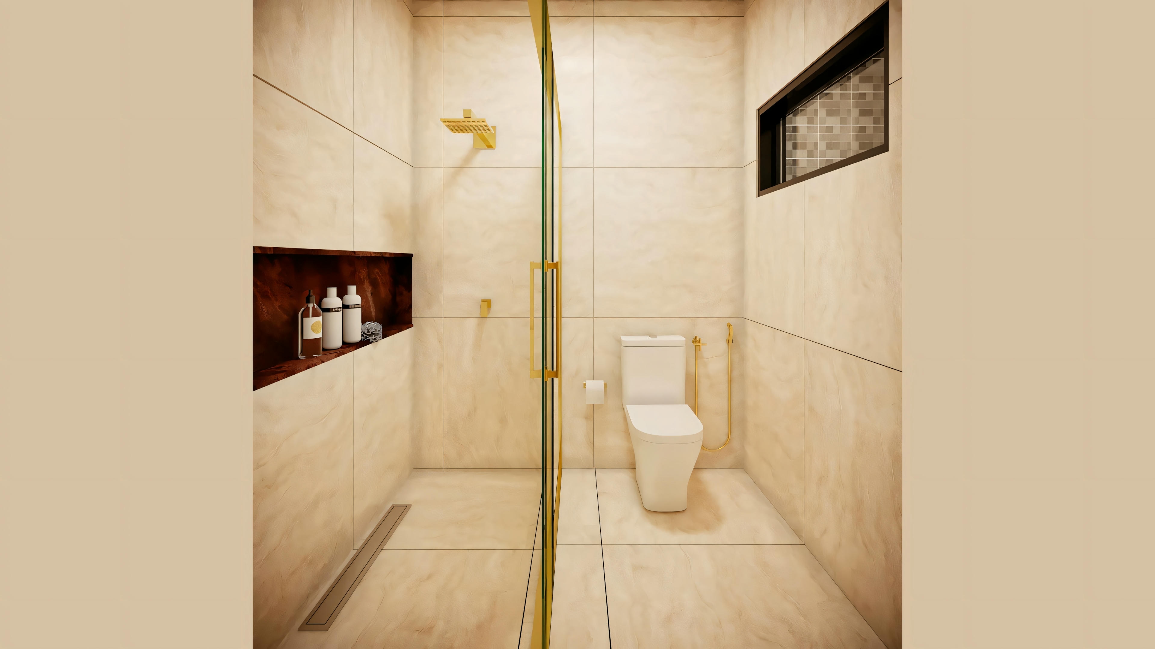 Un baño con azulejos beige, zona de ducha con mampara de cristal y ducha dorada.