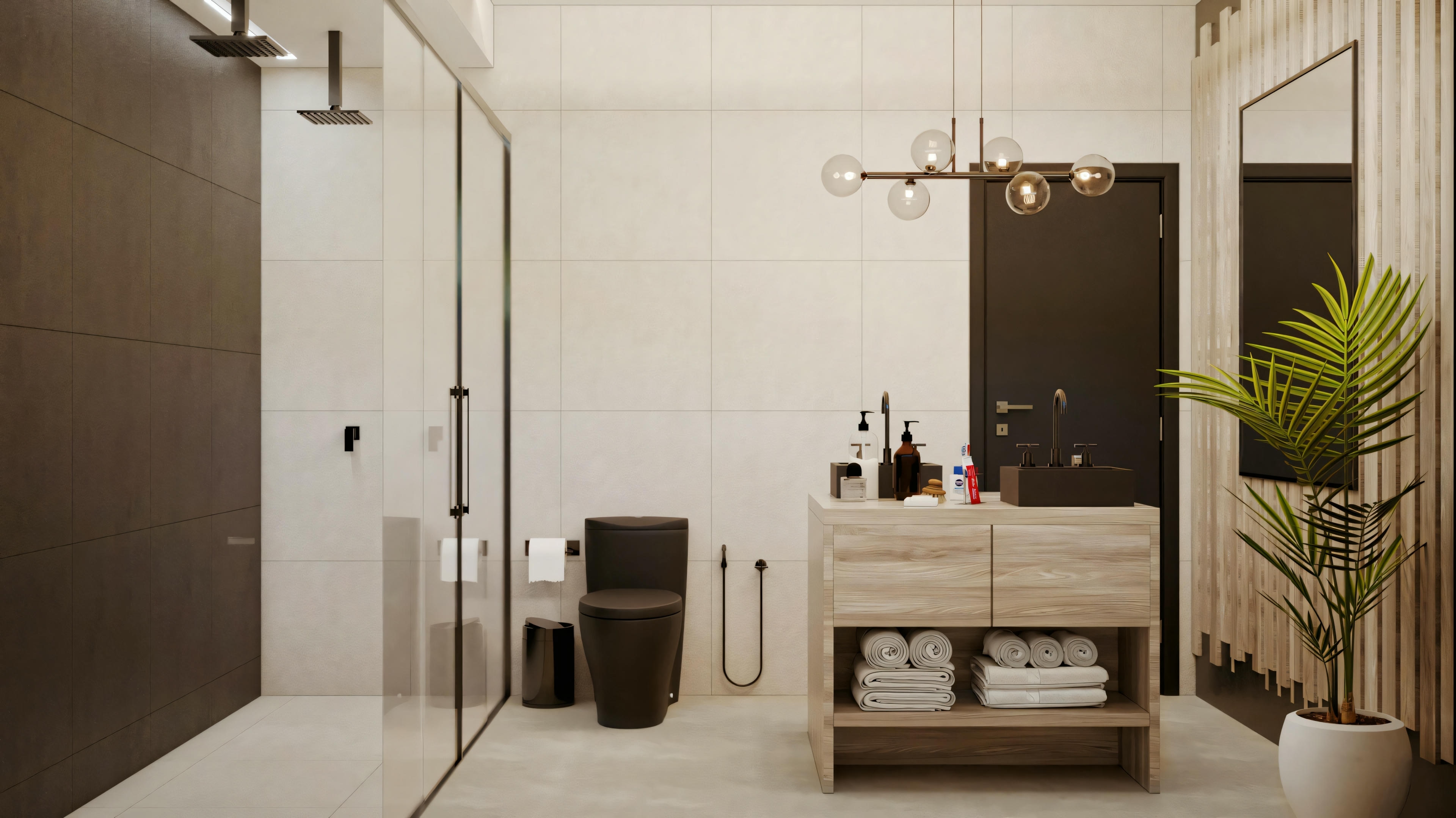 Un baño moderno con una ducha de vidrio, banco de madera y azulejos oscuros.