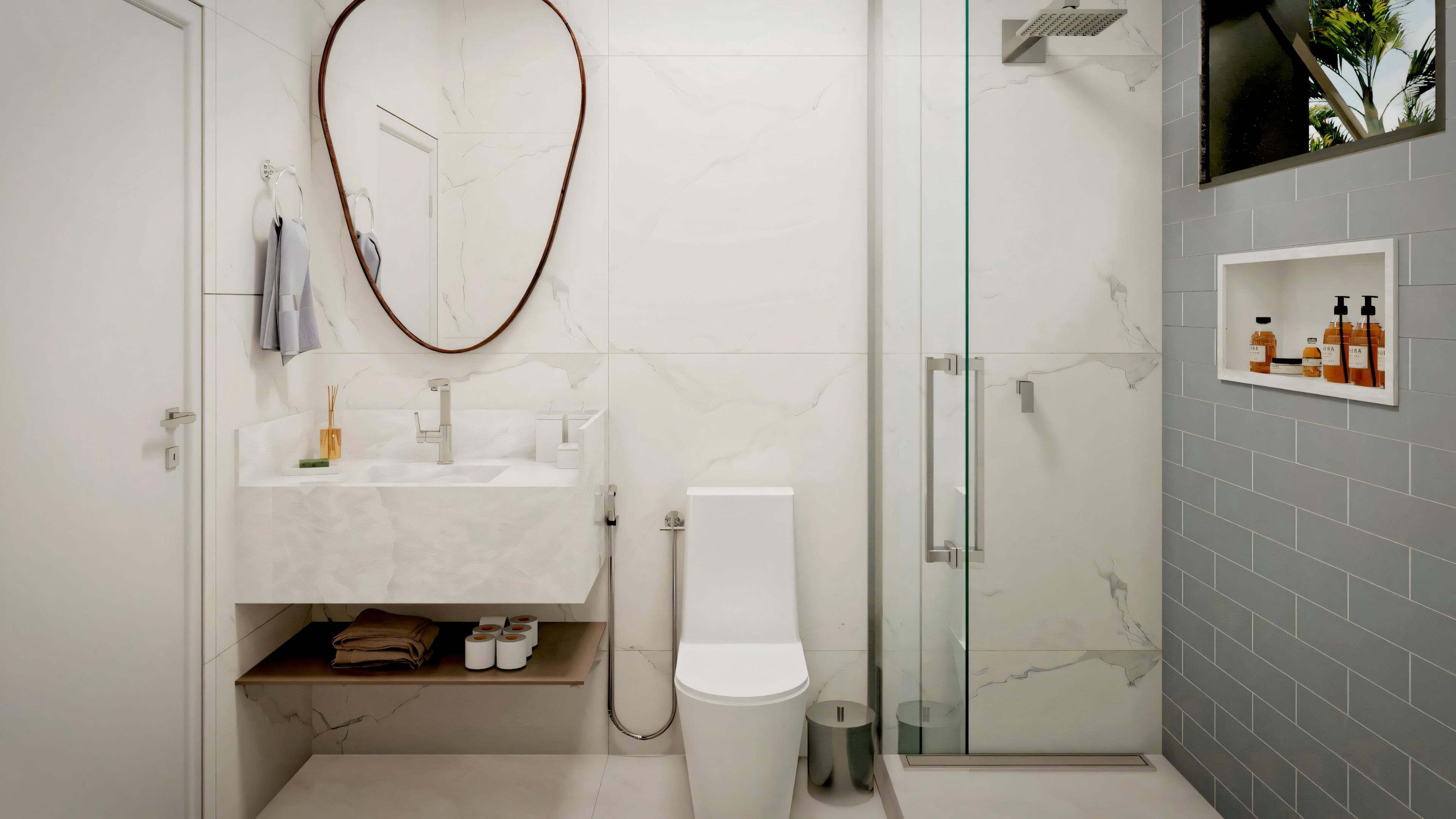 Segundo baño detallado en este proyecto de casa moderna, presentando encimera clara con lavabo sobrepuesto, mueble suspendido con cajones, inodoro y ducha con mampara de vidrio y perfilería cromada.