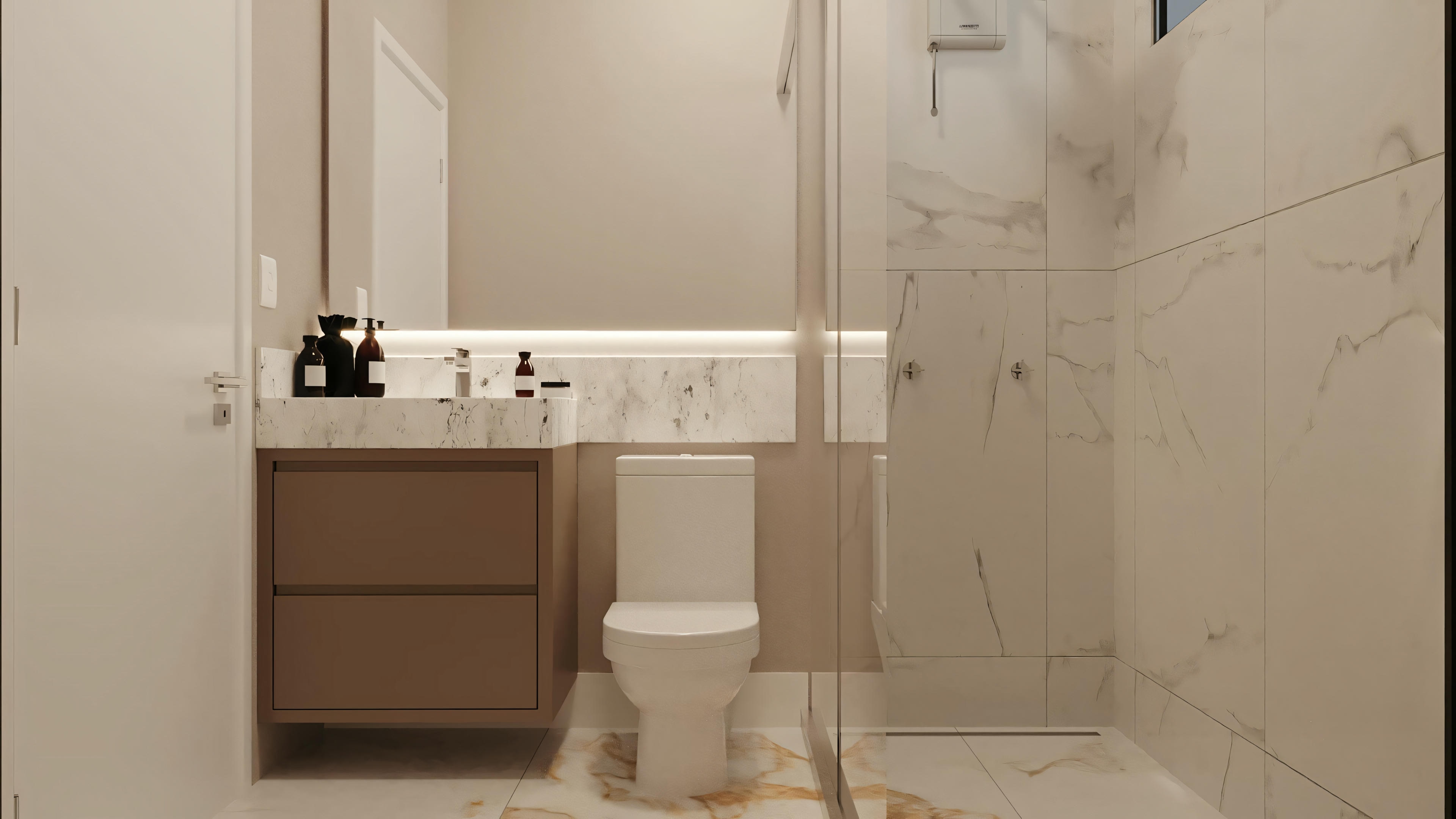 A bathroom with beige tiles, toilet, sink with a black faucet, and a mirror above.
