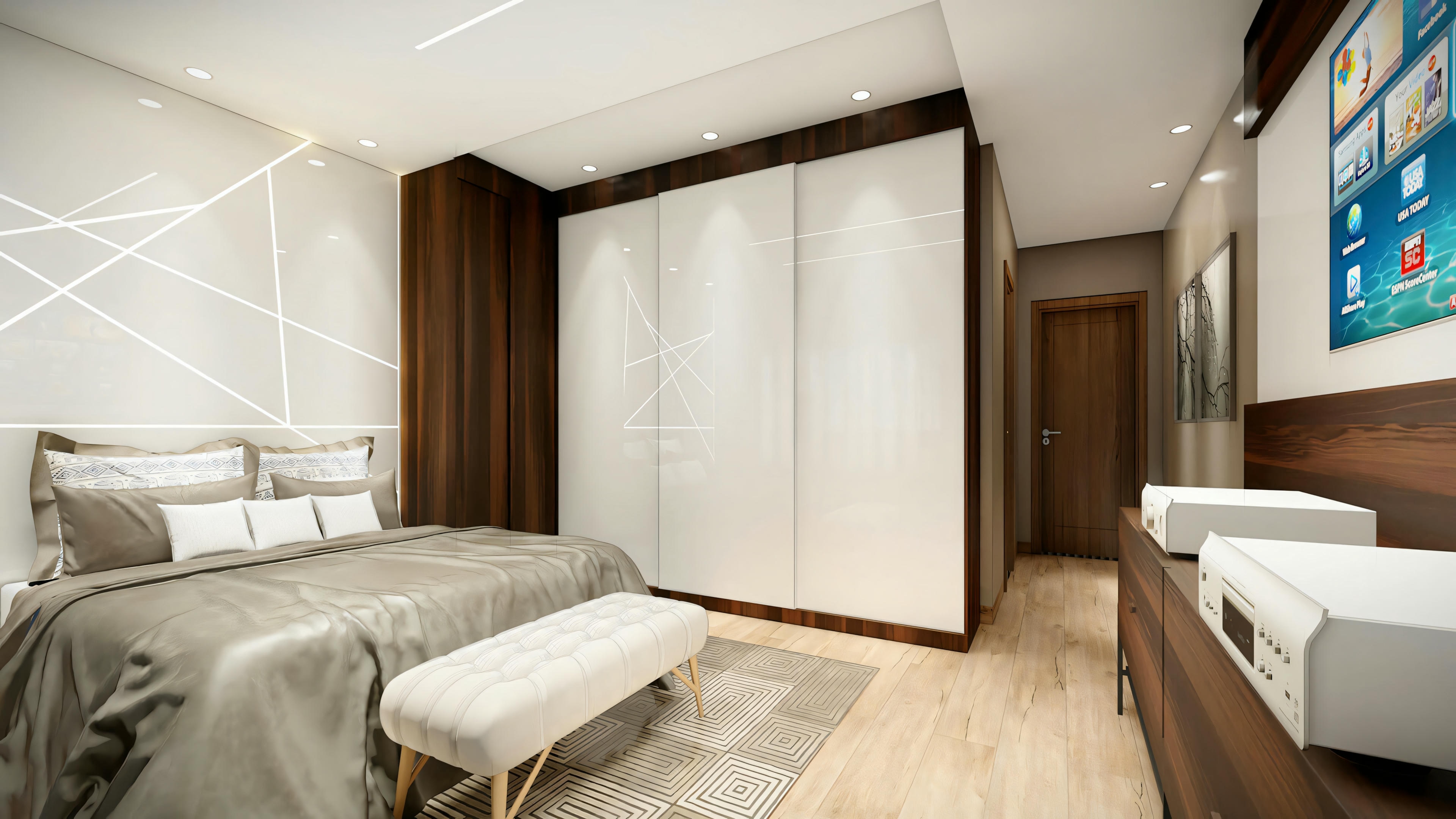 Dormitorio moderno con cama grande, mesitas de noche, lámparas y obra de arte montada en la pared sobre la cama.