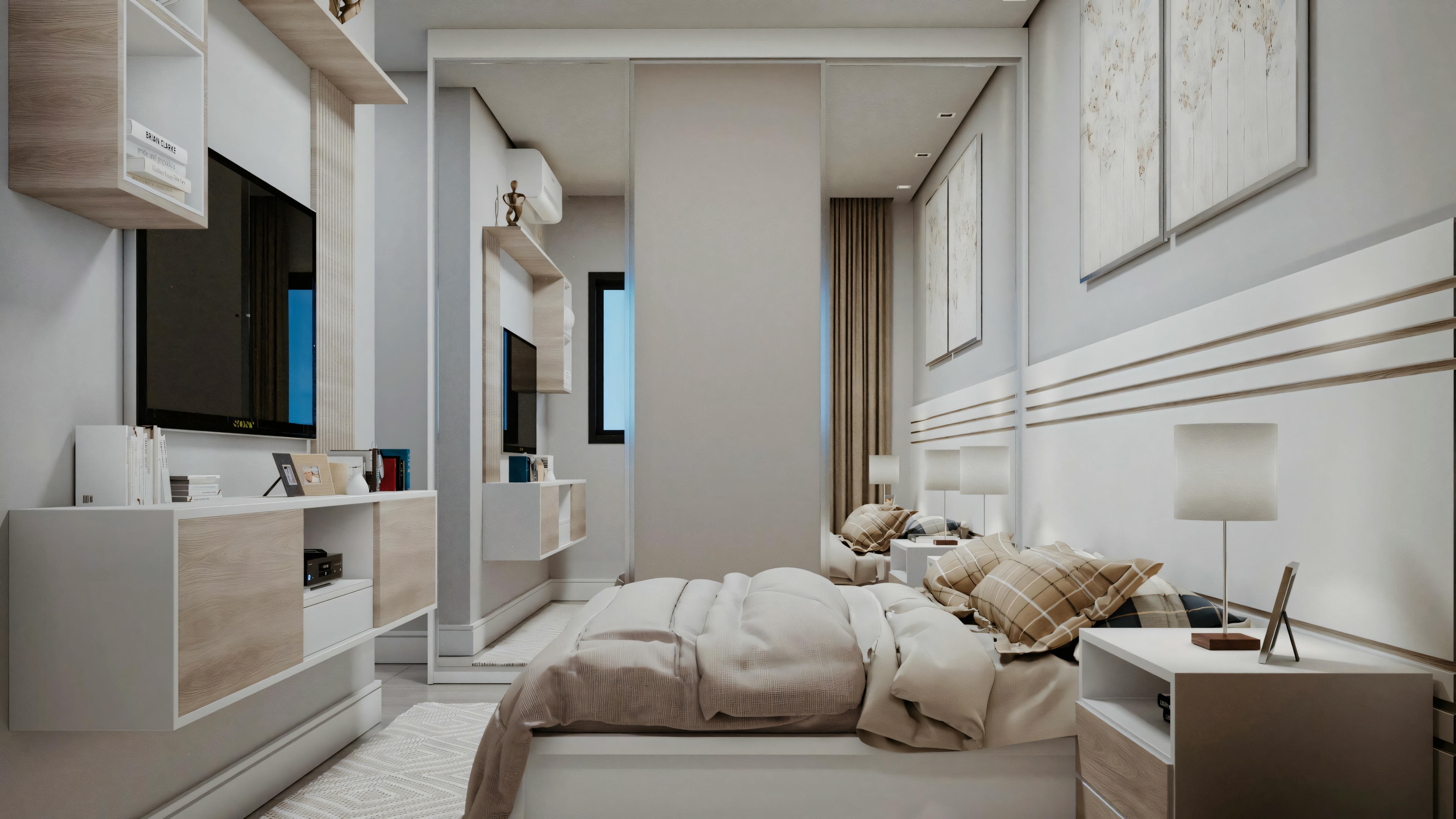 Bedroom with an upholstered bed, neutral-toned bedding, integrated shelves around the headboard with decorative items and books, and a television mounted on the opposite wall.