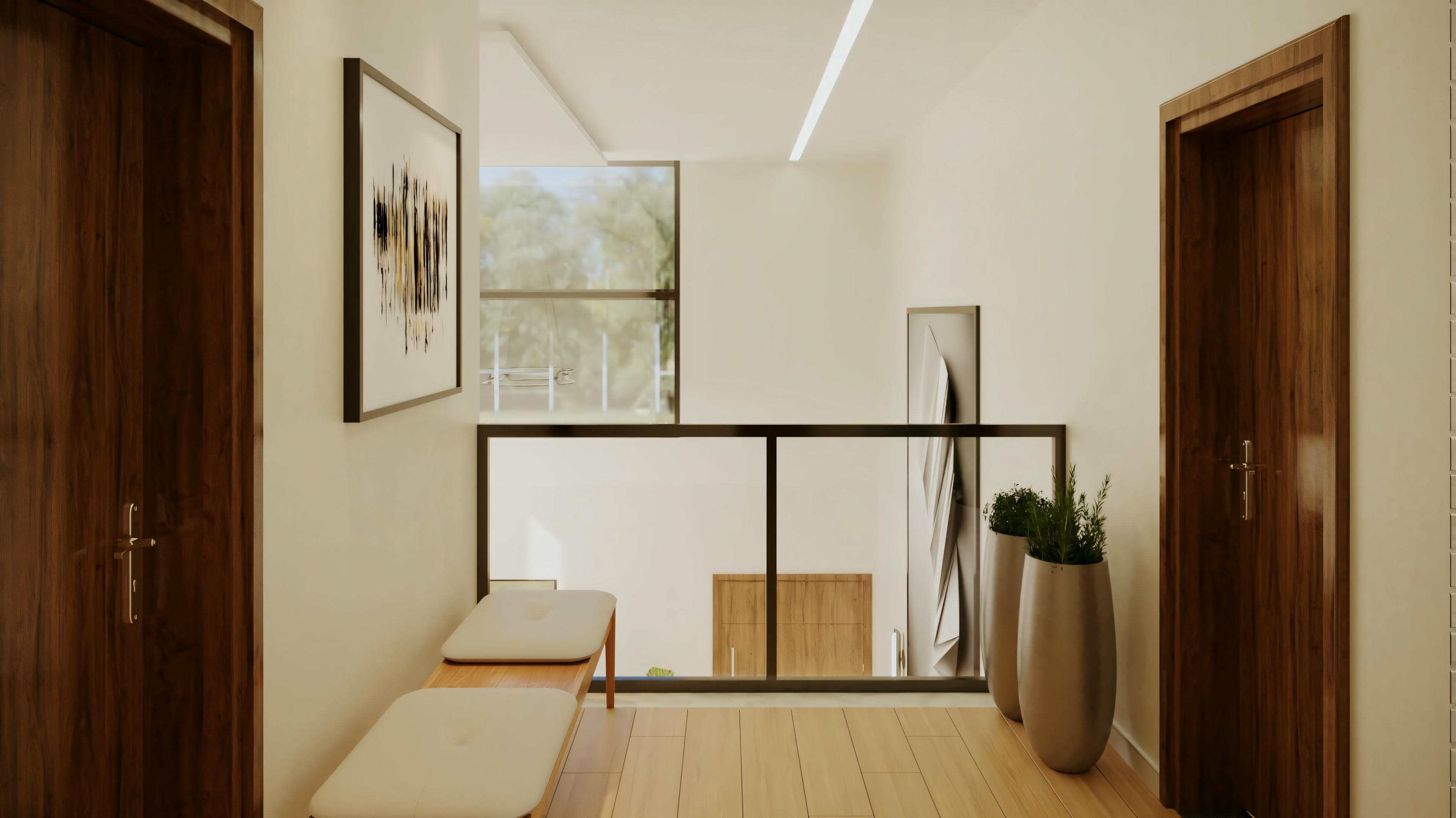 A bedroom with a bed, framed art above the bed, and a sliding door or window with curtains.