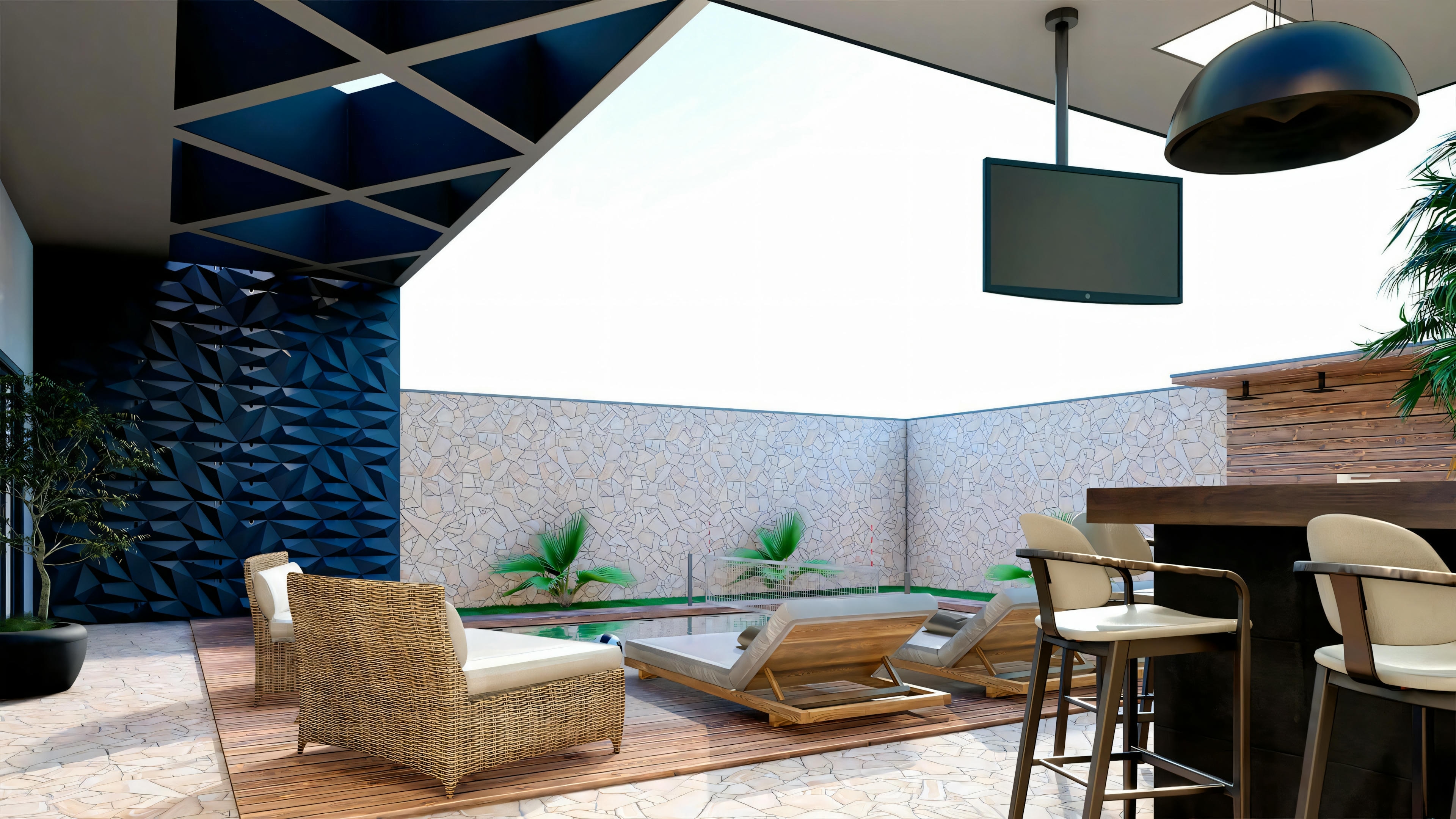 Un espacio interior moderno con una zona de cocina con taburetes, un espacio de estar abierto y una zona exterior visible a través de grandes puertas de cristal, incluyendo una piscina y asientos.