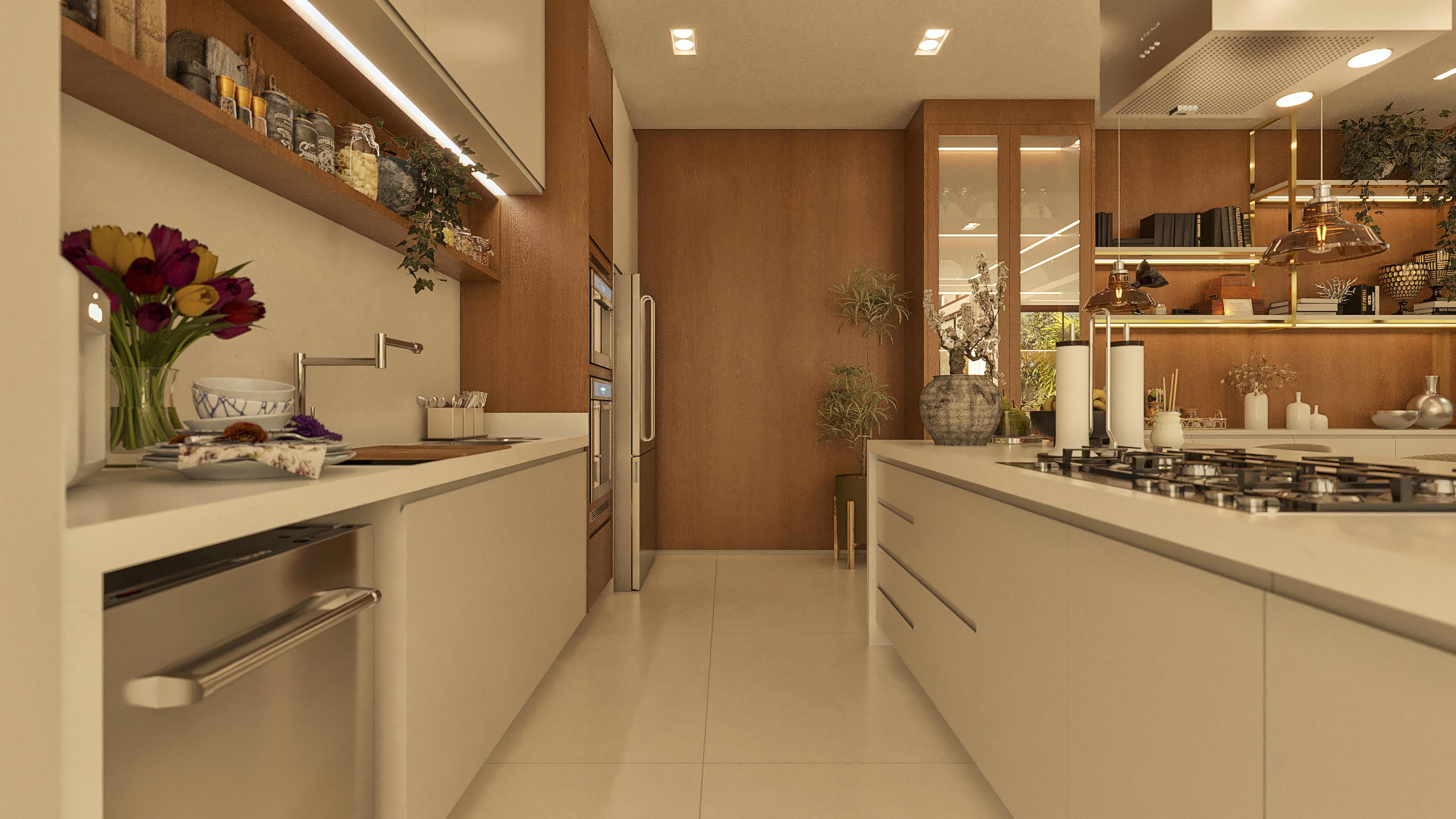 Cocina moderna con isla central, armarios a medida y acabado en tonos terrosos. Detalles en dorado y la iluminación indirecta crean un ambiente sofisticado.