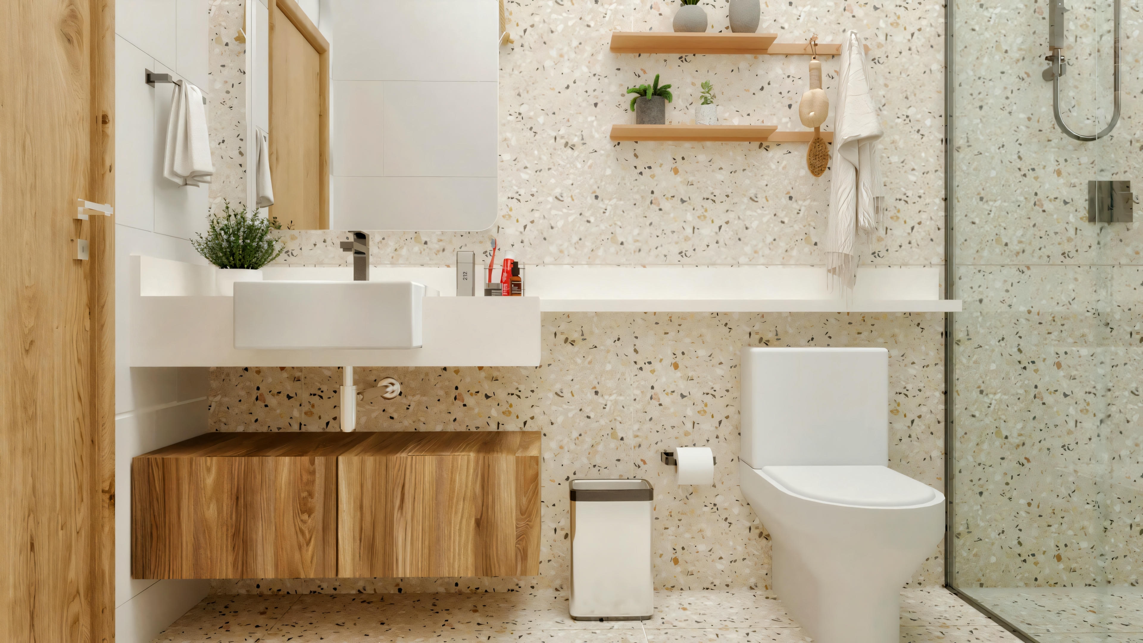 Country house bathroom with neutral-toned cladding, white countertop with rectangular basin, and wooden cabinet.