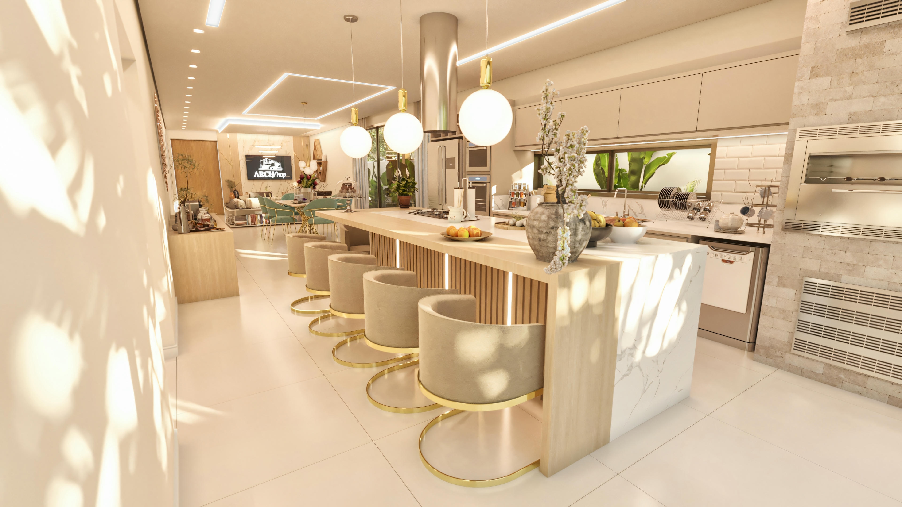 Diseño de interiores con cocina integrada con comedor.