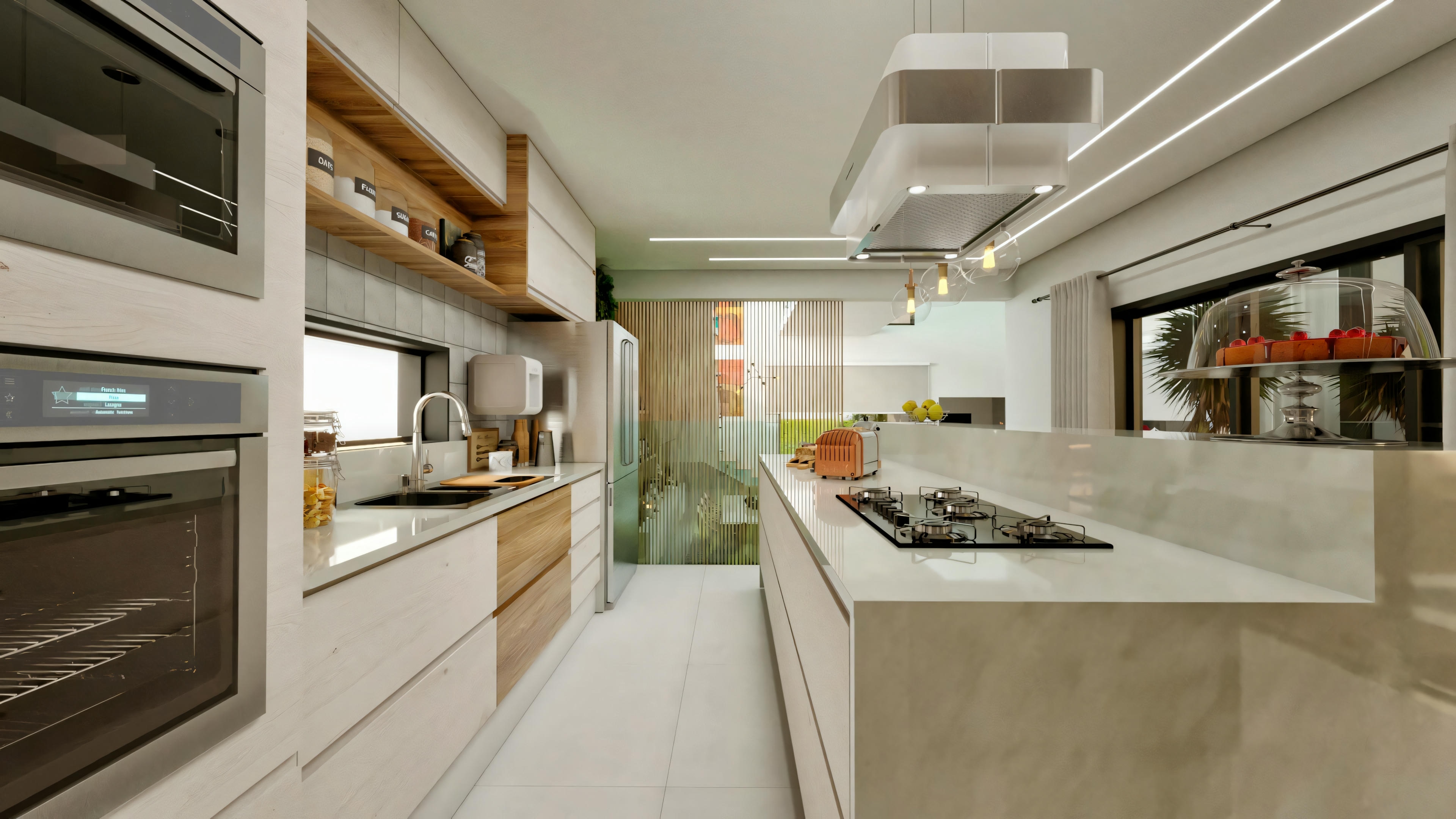 Cozinha moderna com ilha central e decoração contemporânea.