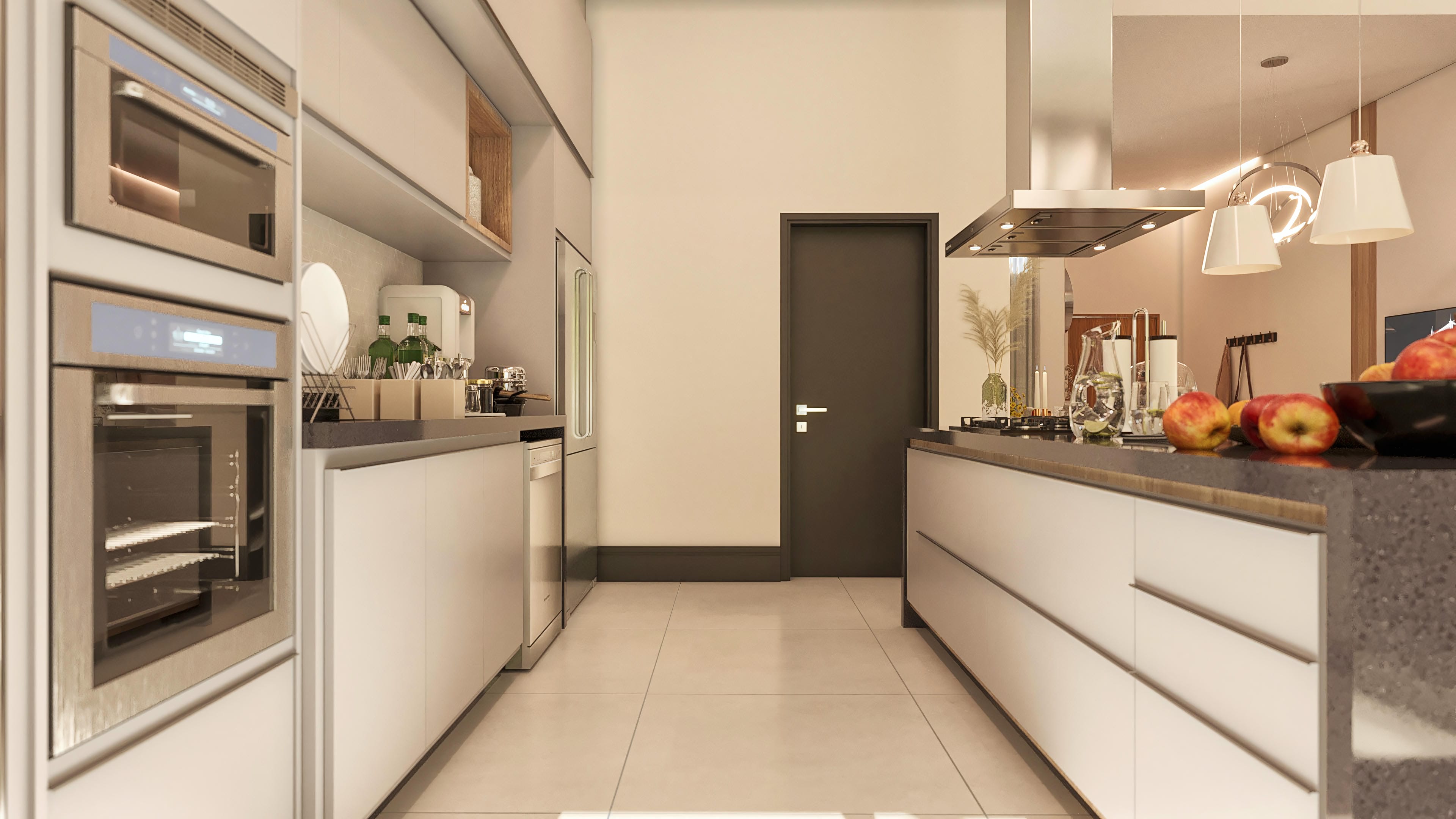 Cozinha moderna com armários brancos e bancadas em granito escuro, equipada com eletrodomésticos em inox, coifa, fogão e porta em tom grafite.