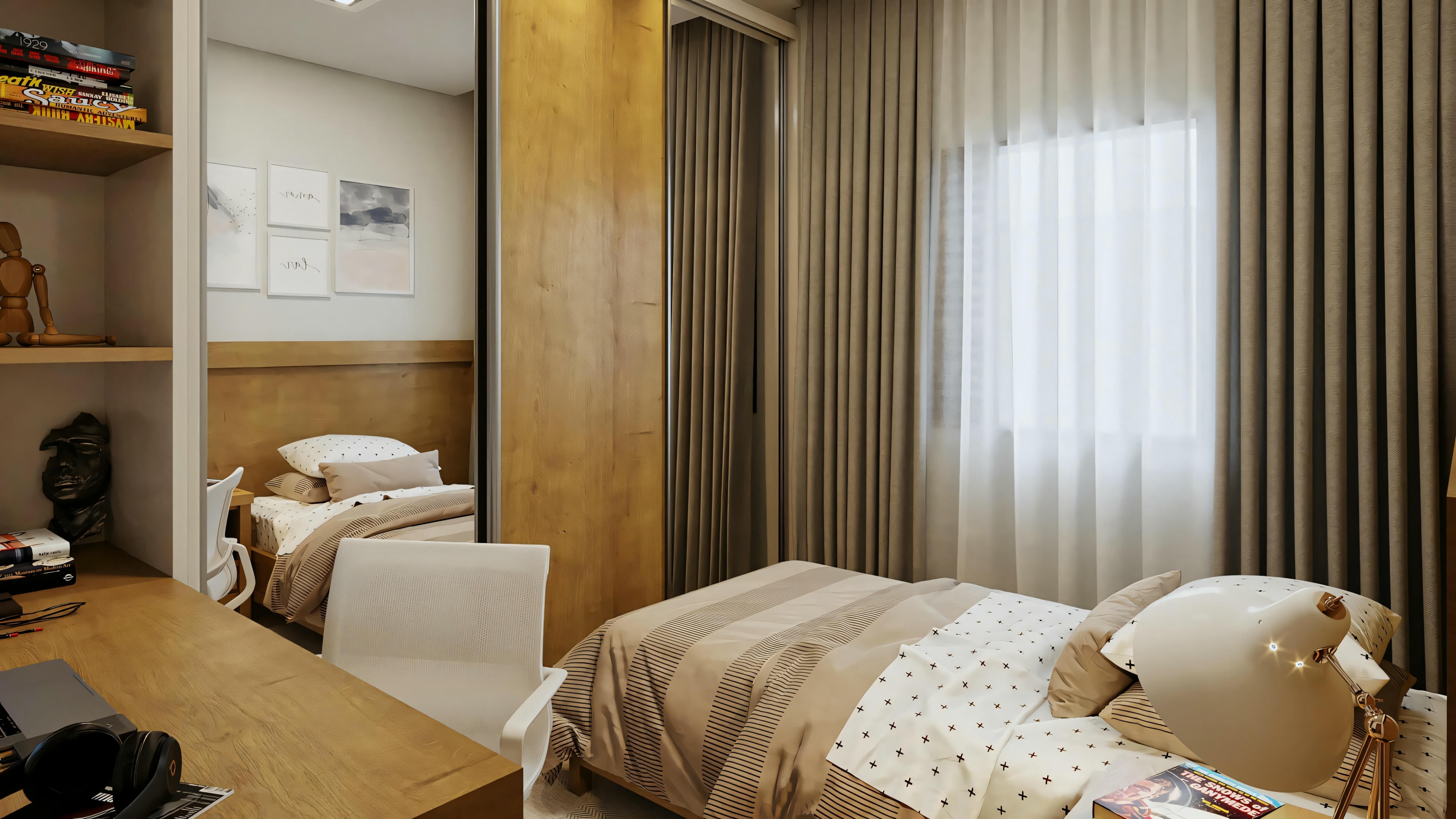 Imagen del tercer cuarto de la planta de casa de planta baja con 3 habitaciones (siendo 2 suites). Ambiente proyectado con cama de soltero, mesada de estudio/escritorio, estanterías, silla y armario con puerta espejada y amaderada.