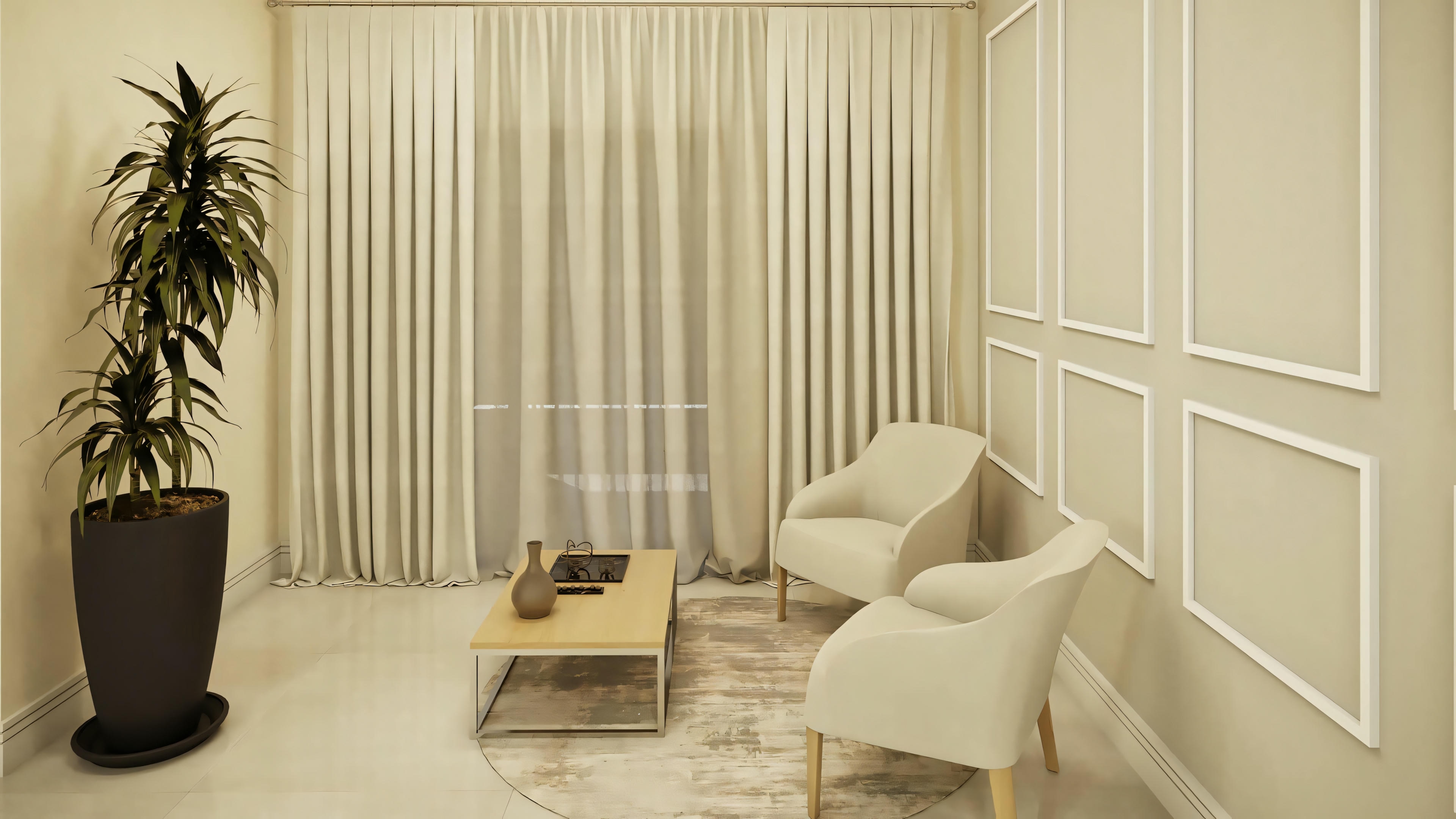 Decorated intimate living room or reading corner in the ready-made house plan with 3 suites and gourmet area. Boiserie details and modern furniture. 368.67sqm ready-made house project.