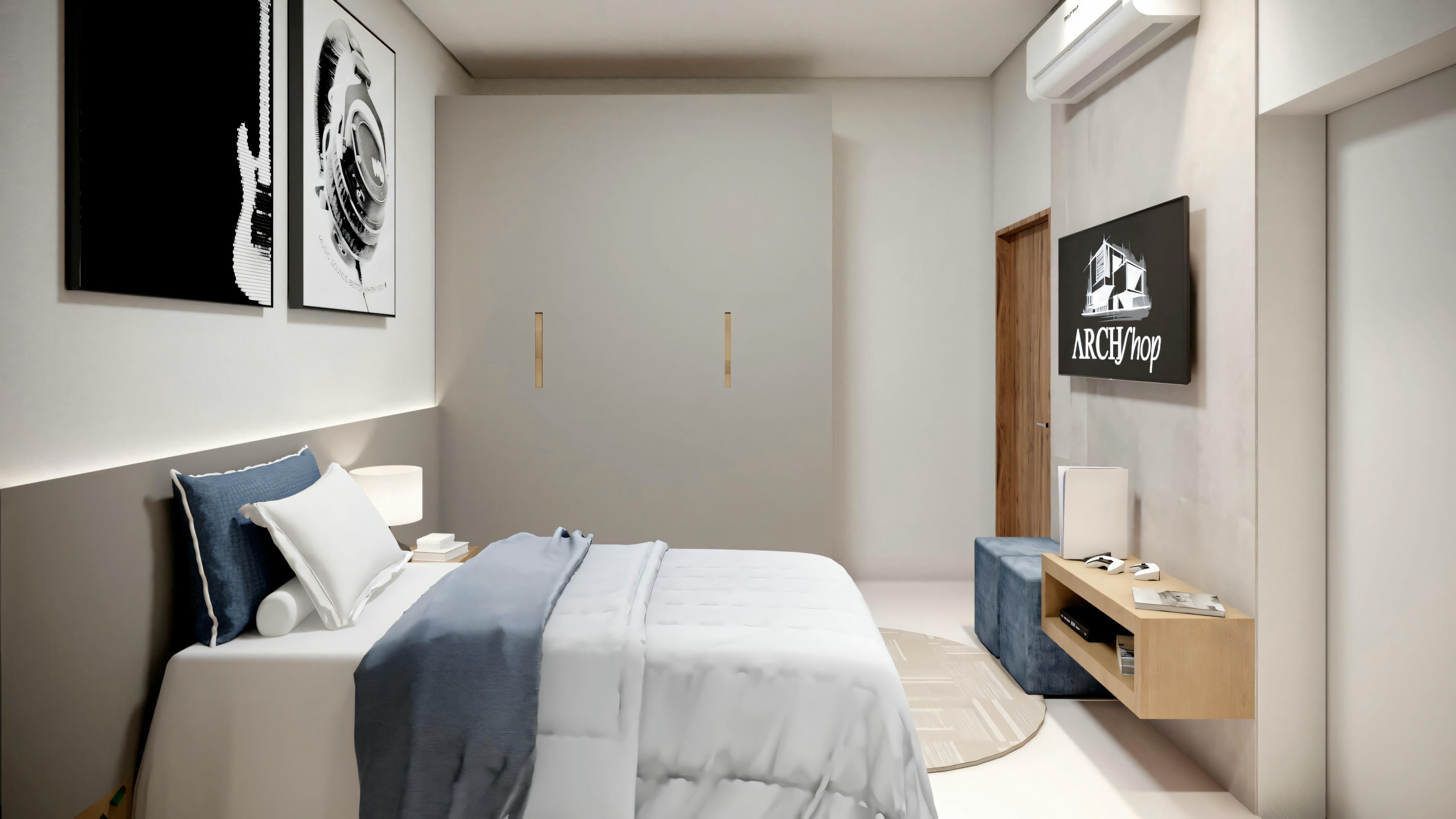 Un dormitorio con cama de ropa de cama blanca y almohadas, además de una mesilla de noche con libros o revistas y una fuente de luz superior.