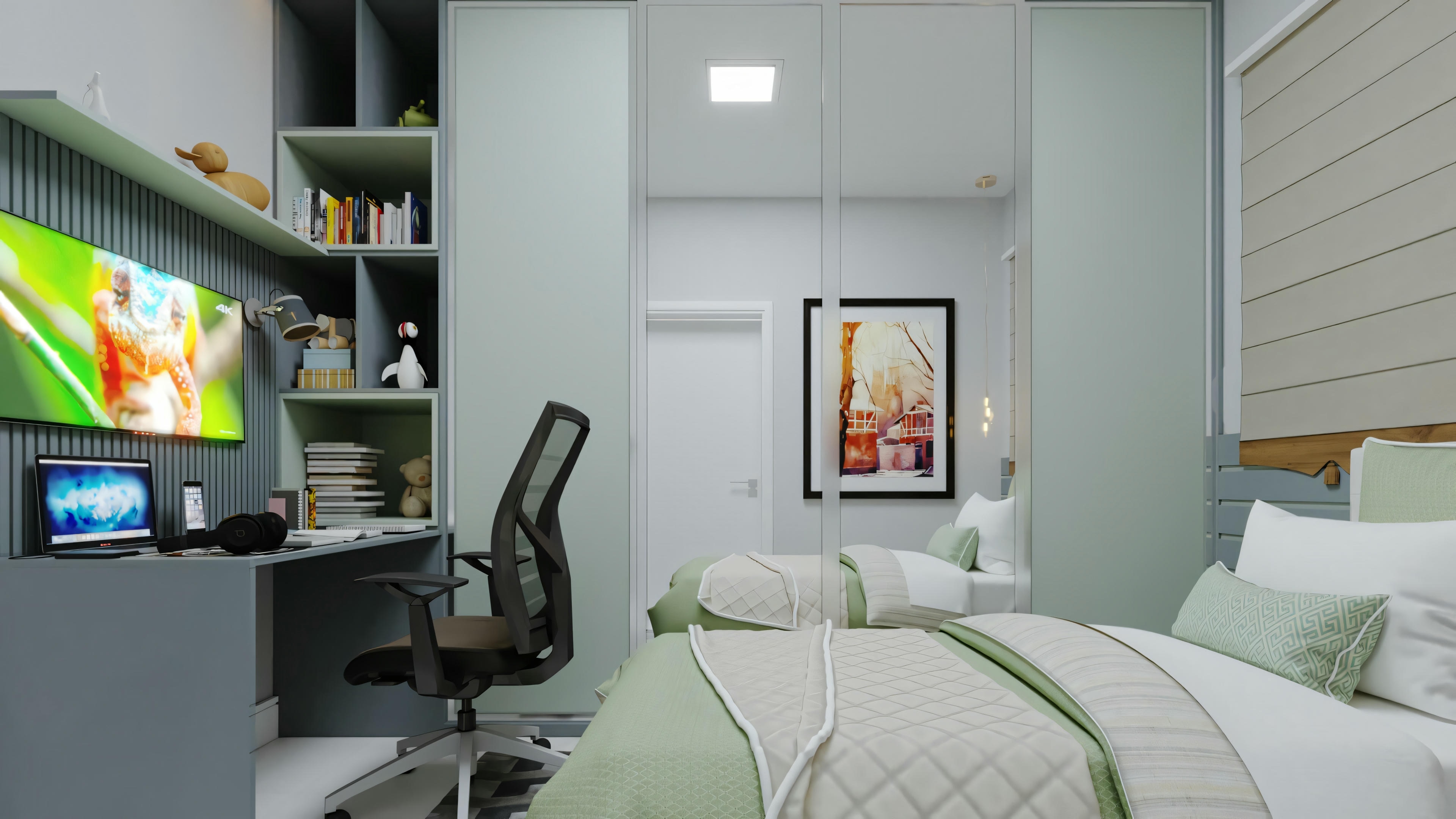 Un dormitorio moderno con cama con ropa de cama blanca y verde, escritorio con monitor de ordenador mostrando gráficos coloridos, estanterías superiores con libros y otros objetos, y un cuadro en la pared derecha.