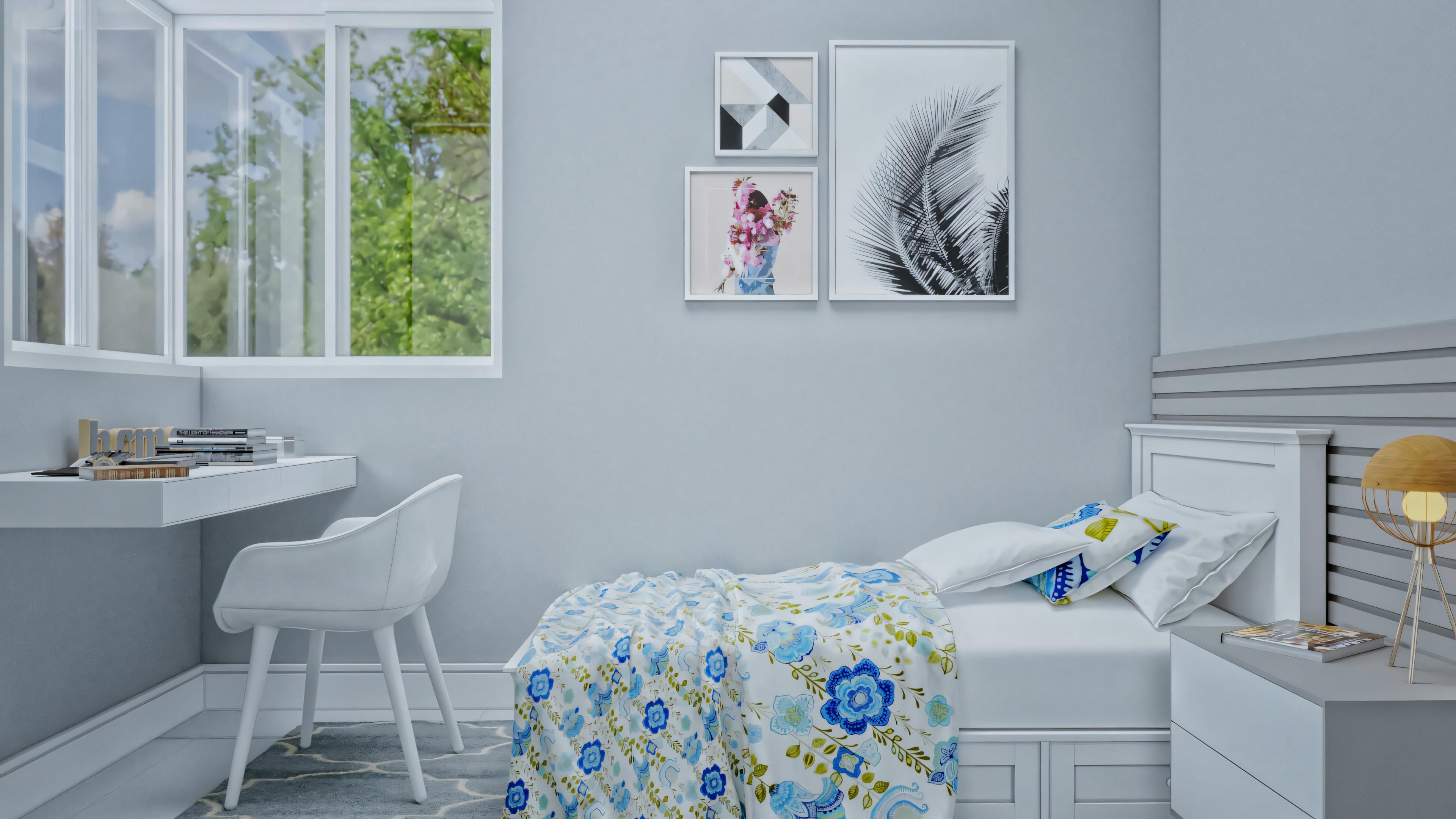 Quarto com roupa de cama branca, plantas verdes e grandes janelas.