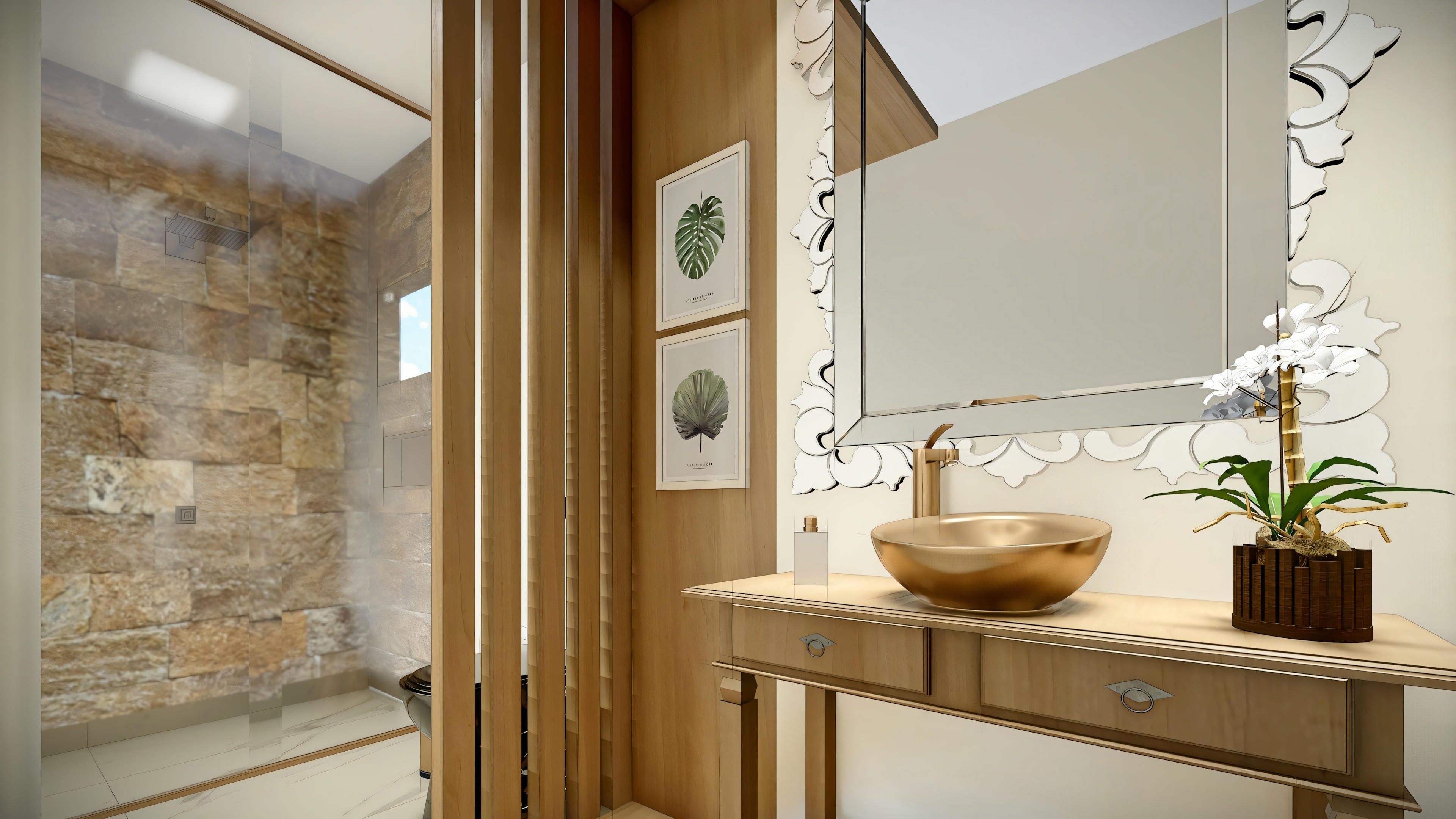 Elegant bathroom with double sinks, a large mirror, and wood accents.