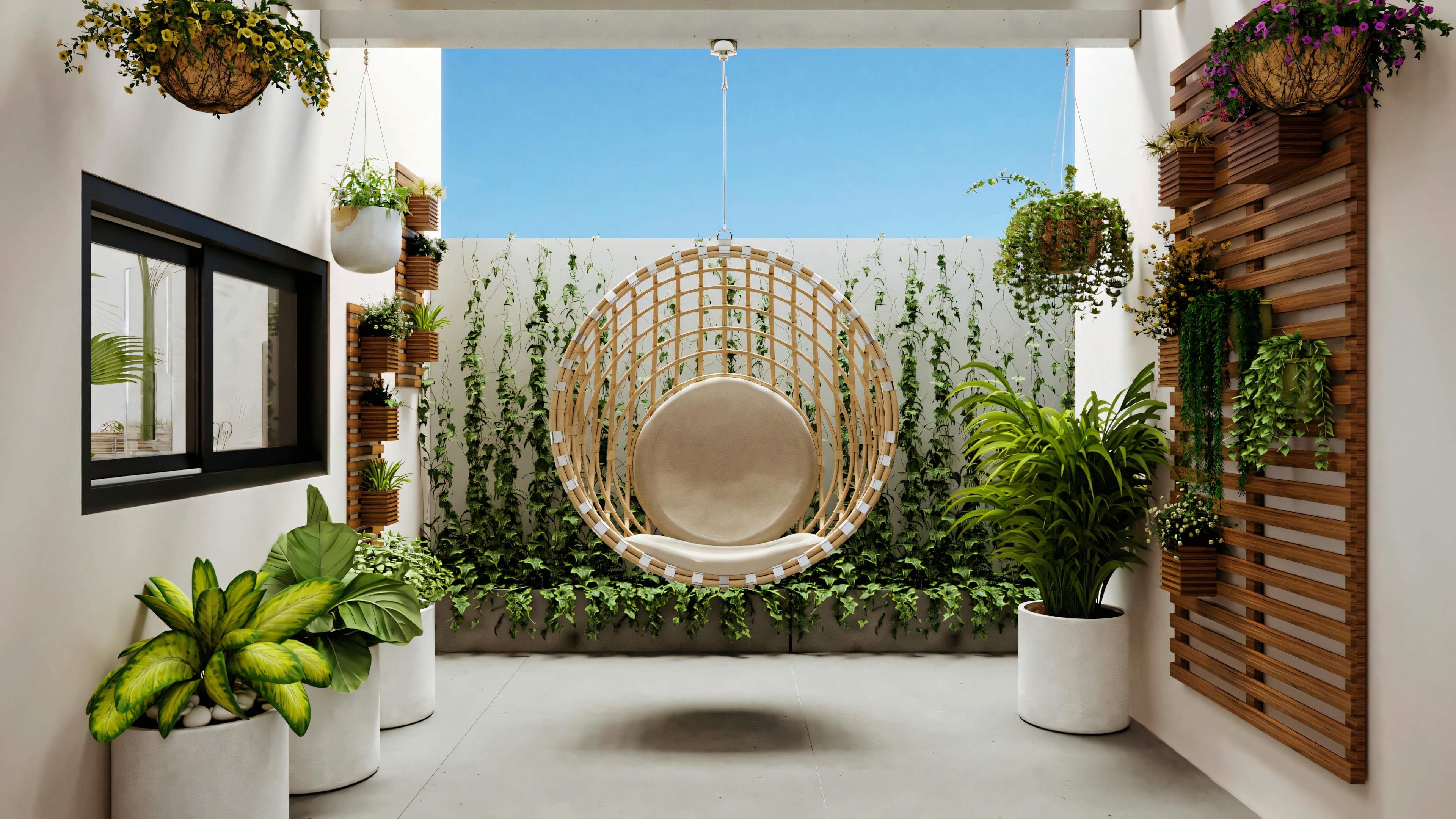Un espacio al aire libre con piscina, tumbonas y vegetación.