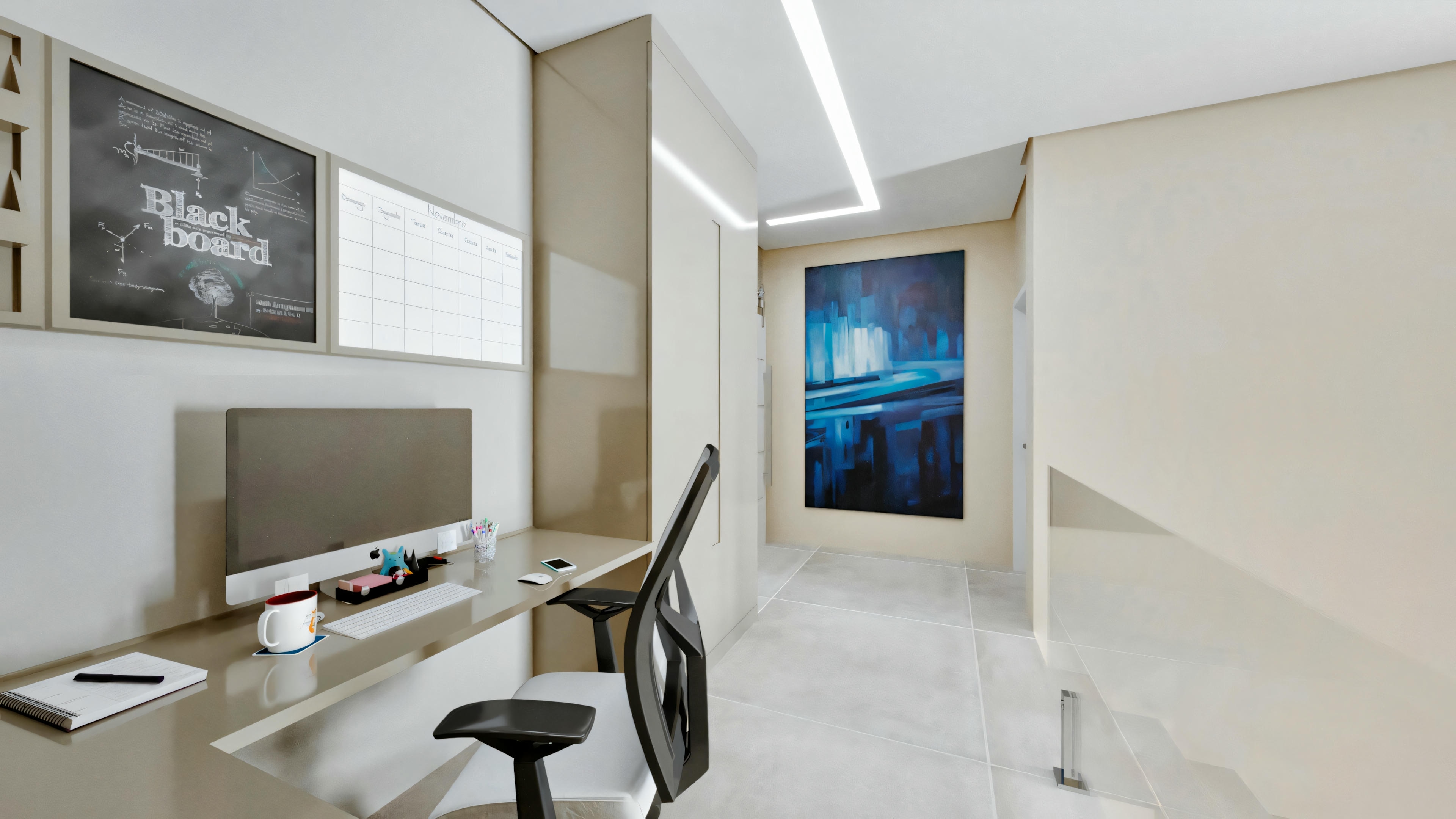 Sala moderna com mesa, cadeira e computador próximo a uma janela que leva a uma área externa.