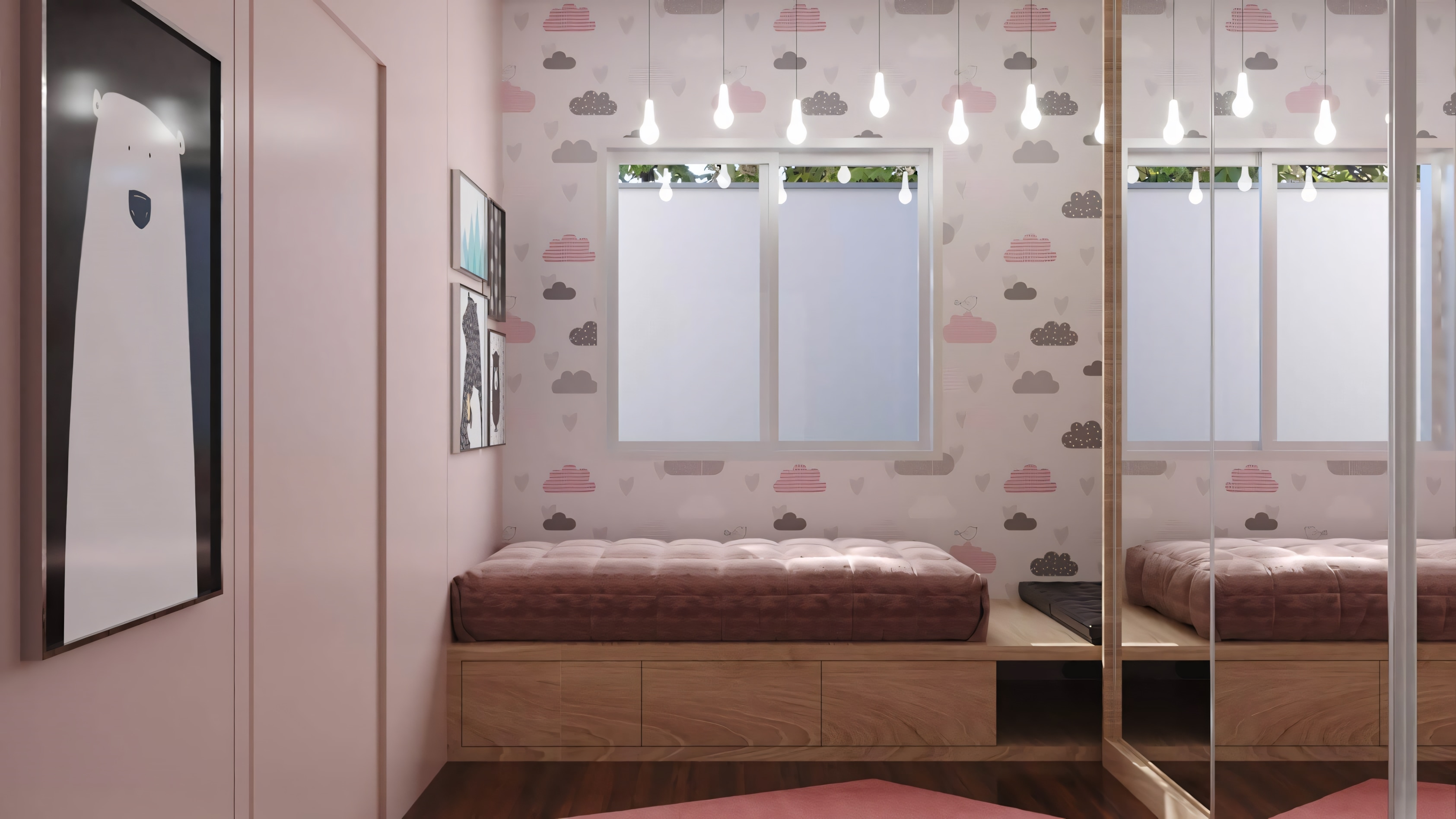 Habitación con dos camas, ropa de cama rosa y verde, y pared con papel tapiz de hojas.