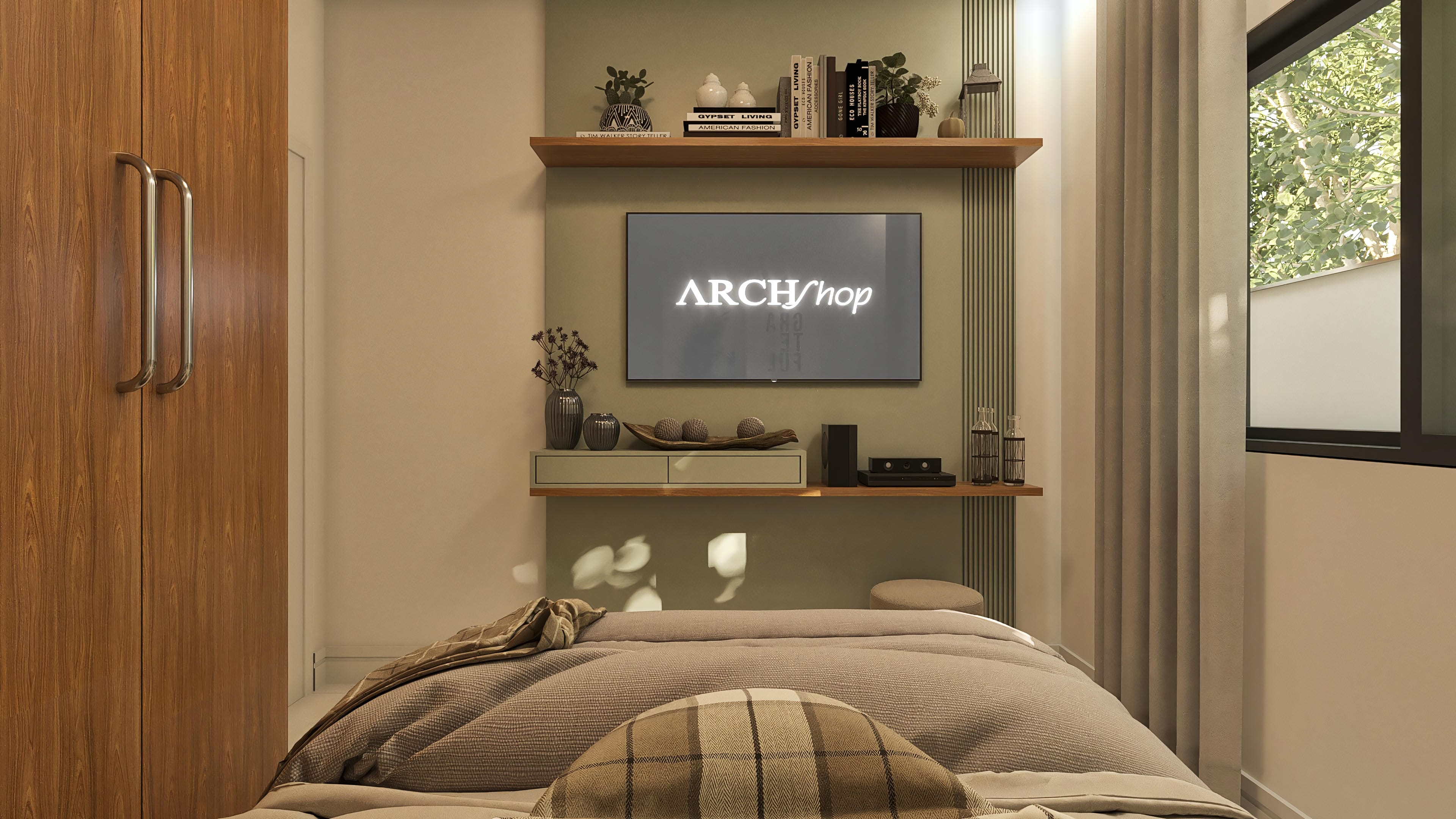 Habitación moderna con armario de madera listonada, estantes con artículos decorativos, cama cómoda con sábanas en tonos neutros y una ventana con vistas al verde.