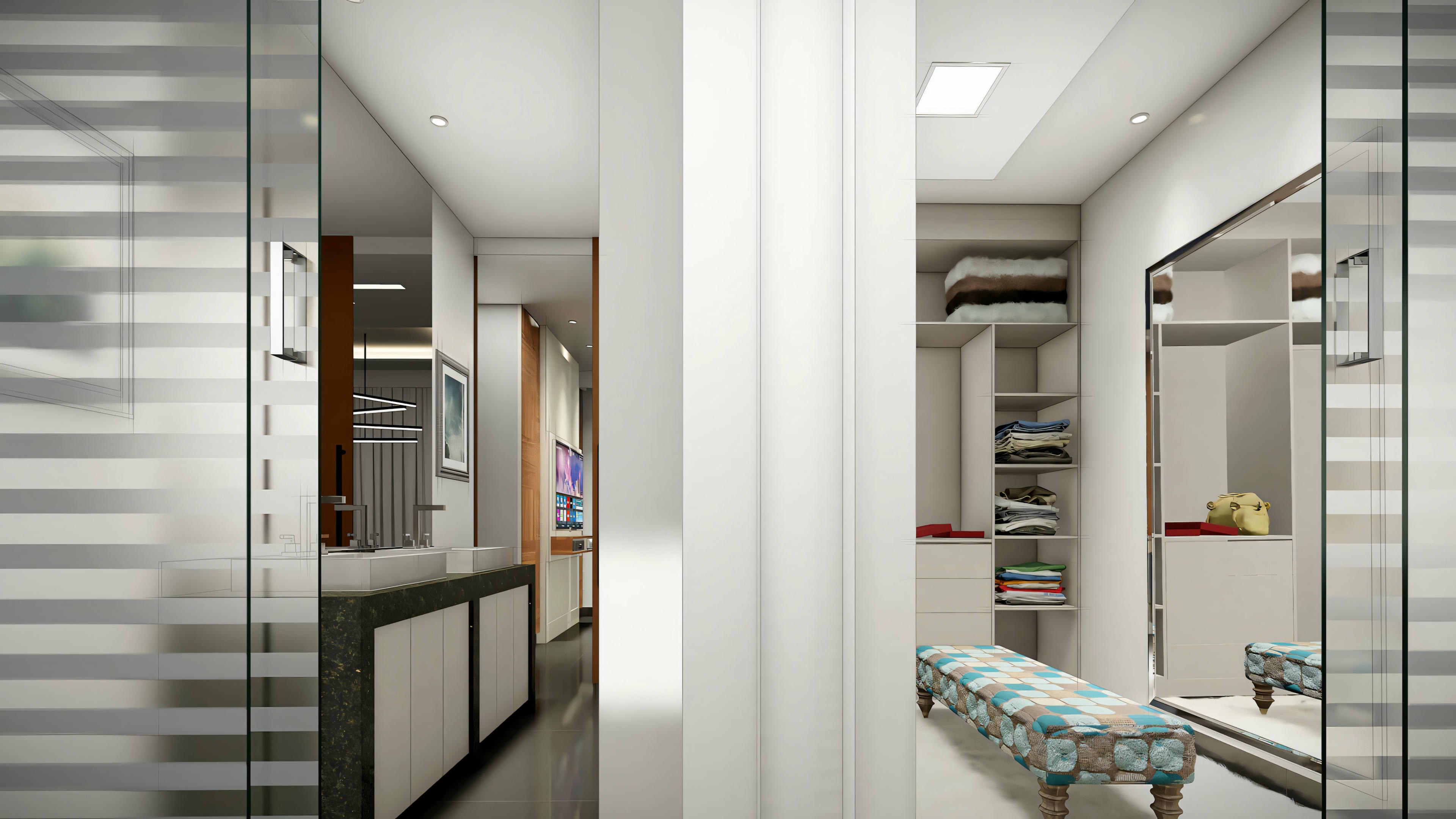 Hallway with pictures on the wall, bench, and an open door leading to another room.