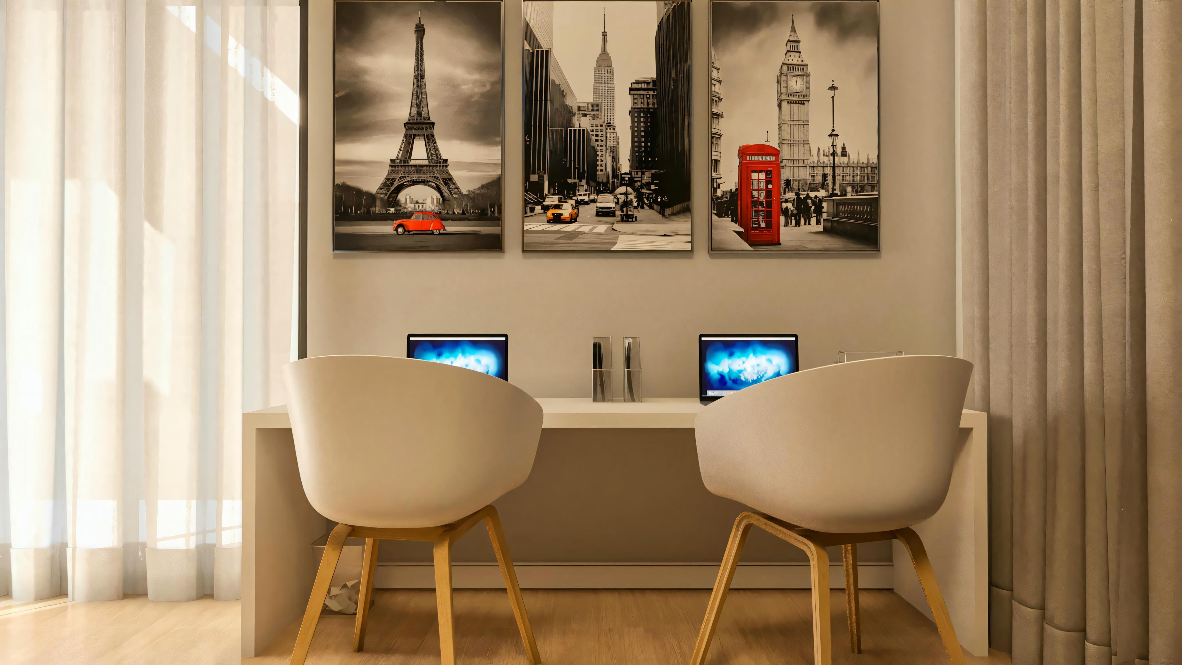 Espaço de home office moderno em projeto residencial de luxo com 4 suítes, com mesa branca, cadeiras de design e decoração contemporânea.
