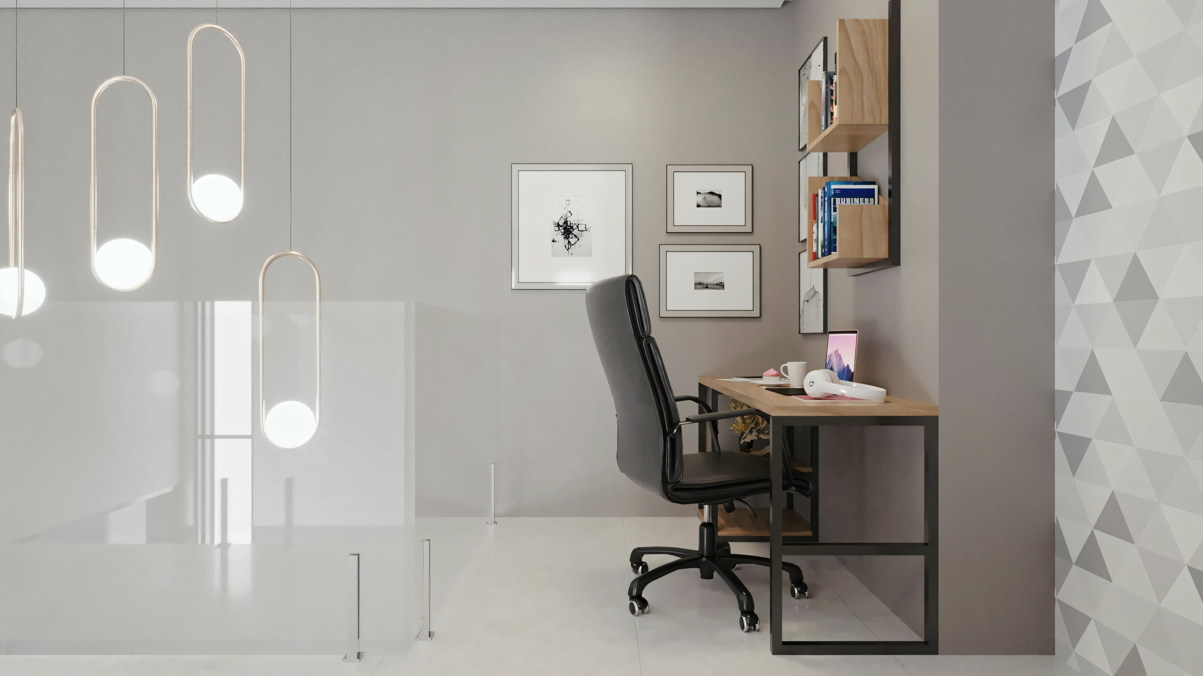 An interior space with a desk, chair, decorative wall panels, and framed pictures.