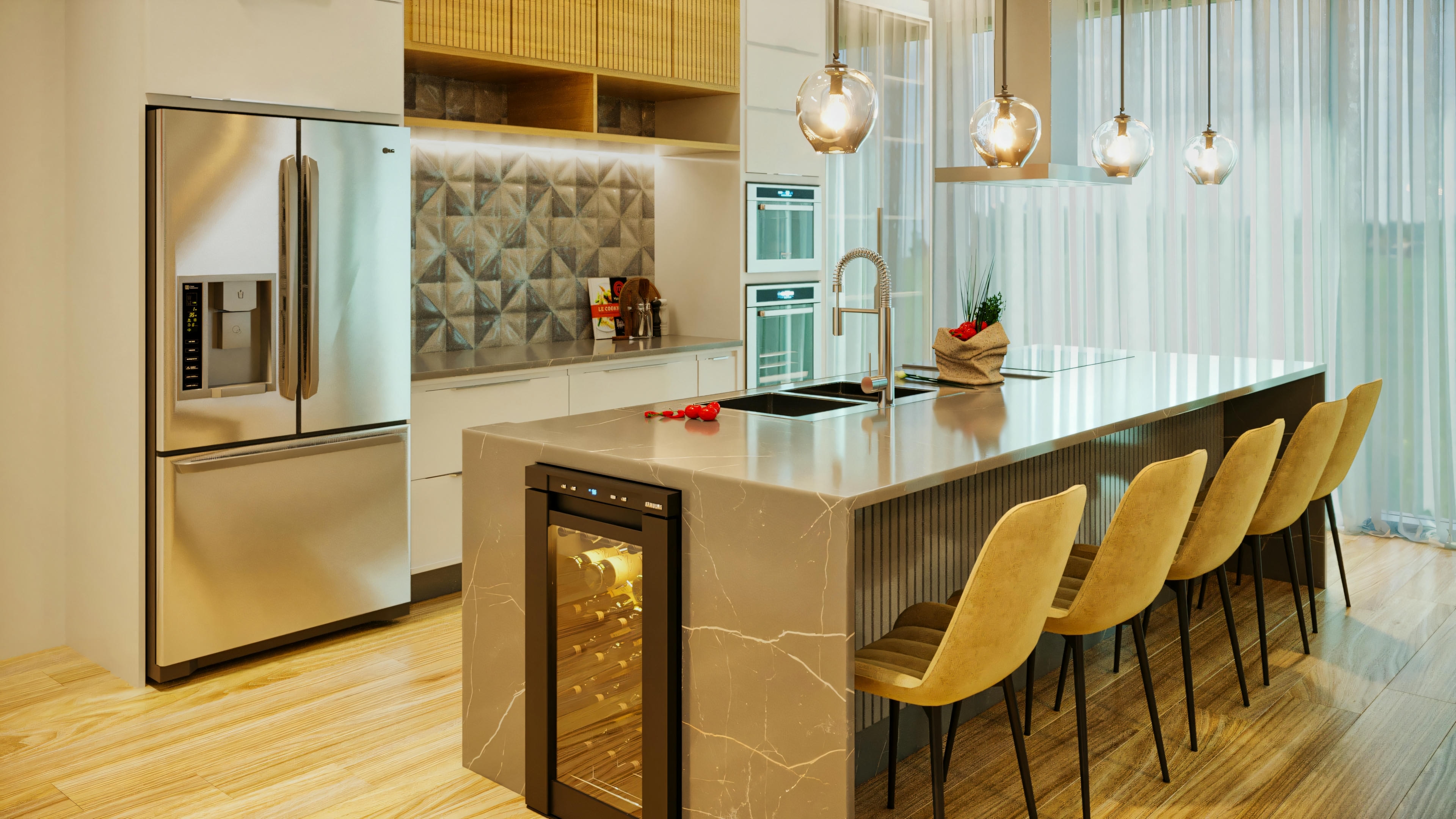 Modern gourmet kitchen with central island, stone countertop, yellow chairs, stainless steel appliances and built-in wine cellar, part of a house with 3 suites, pool and gourmet area.