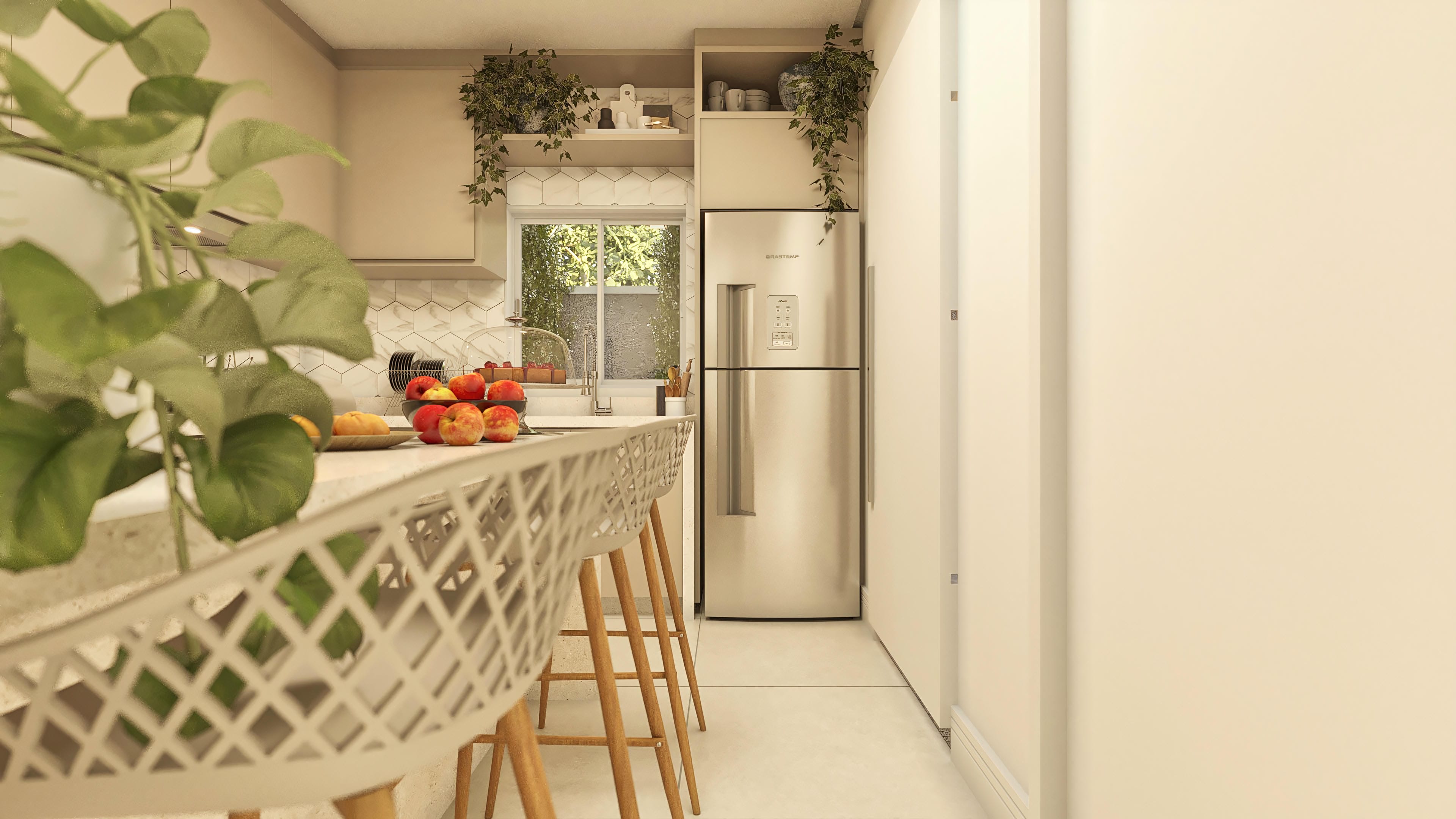 Internal view of a modern kitchen with an island counter, stainless steel refrigerator, and wood details, designed to optimize space on narrow lots.