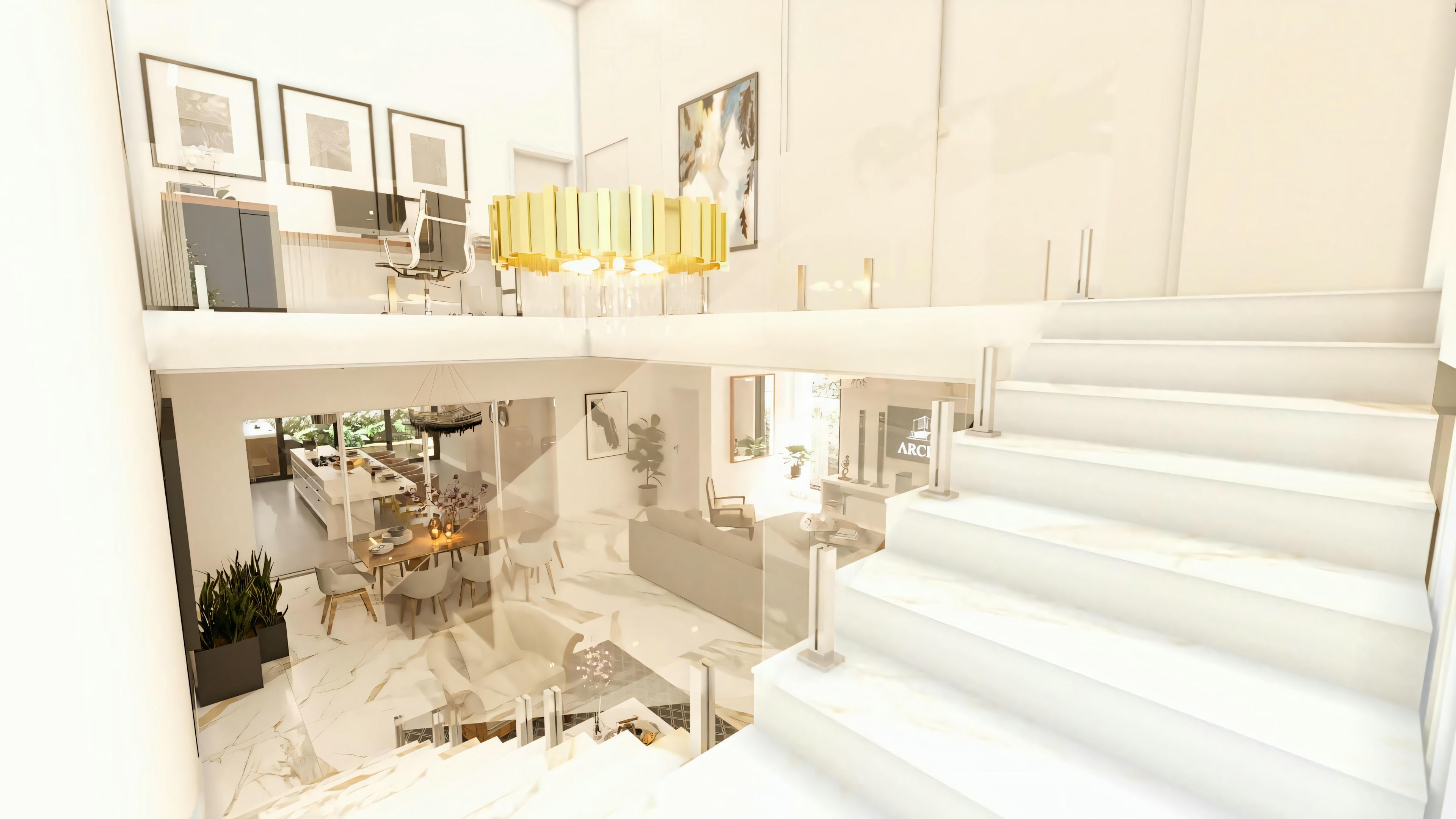 Interior of a luxury residential project with double-height ceiling, white marble staircase and glass railing, view to integrated living and dining room.