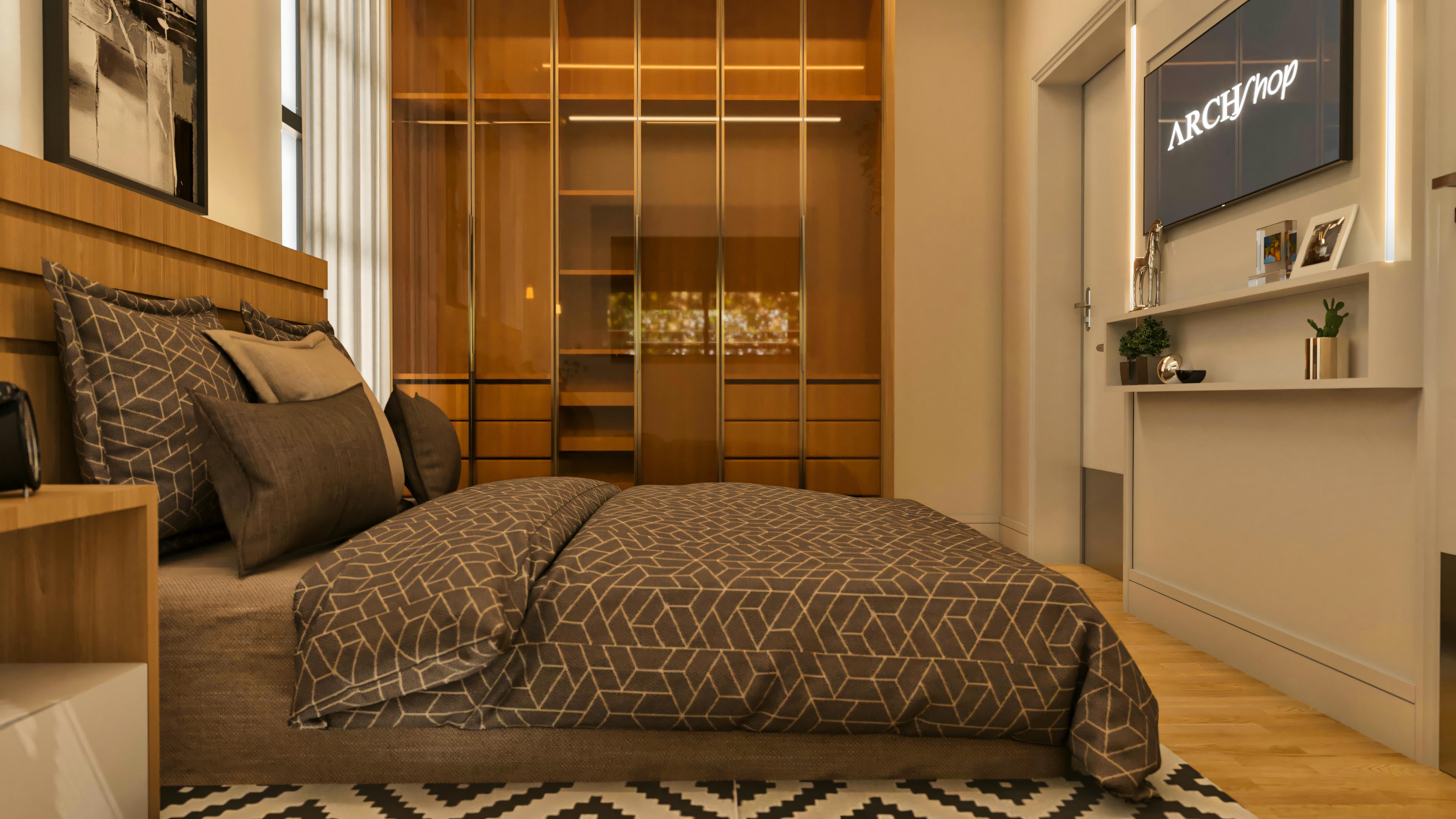 Detail of the master suite bedroom in a modern terraced house project with 4 bedrooms, spacious closet with glass doors and built-in lighting, wooden headboard, and wall-mounted television.