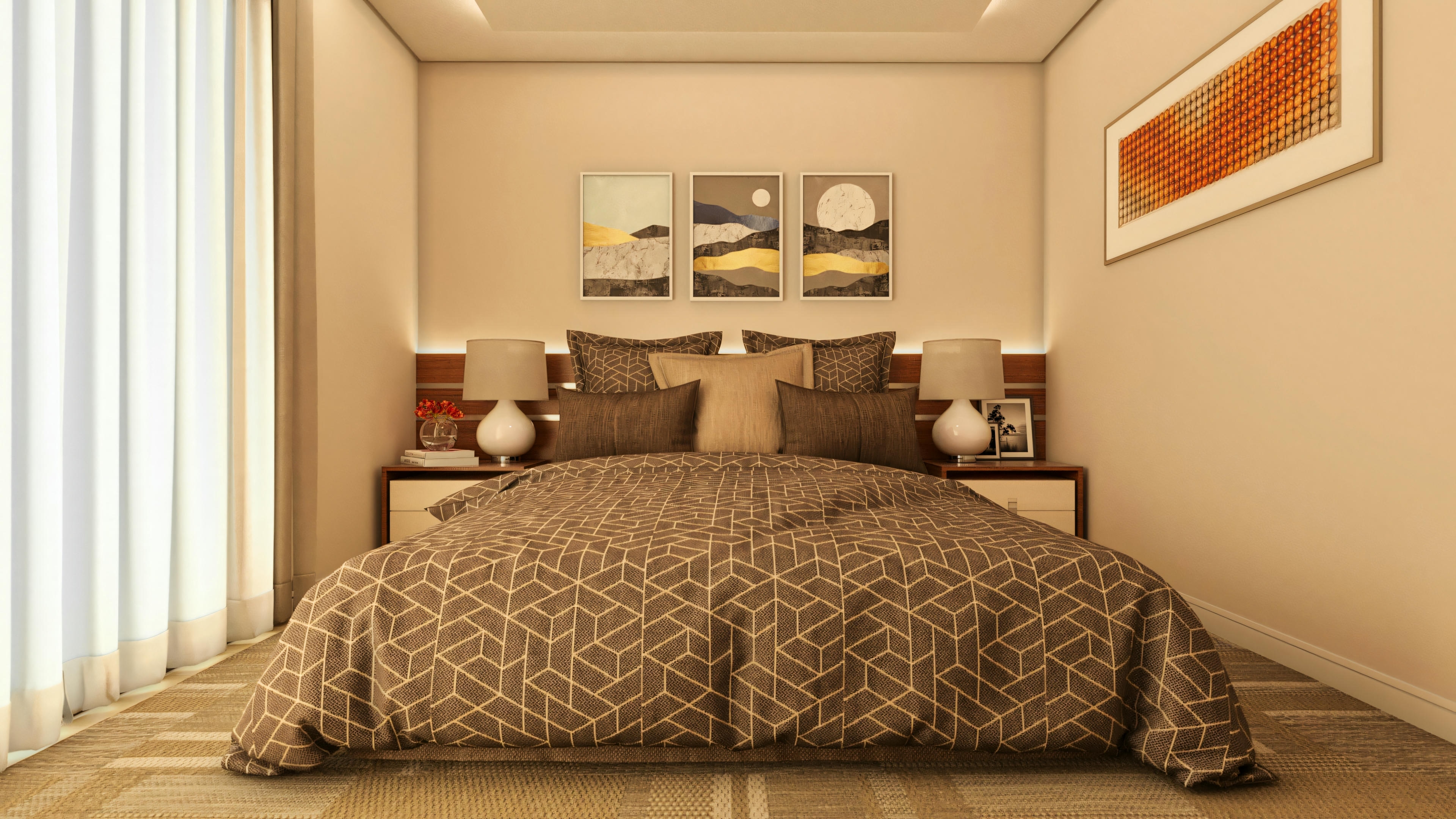 Master bedroom of a high-standard house with 5 suites, featuring a bed, ambient lighting, decorative paintings, and textured flooring.