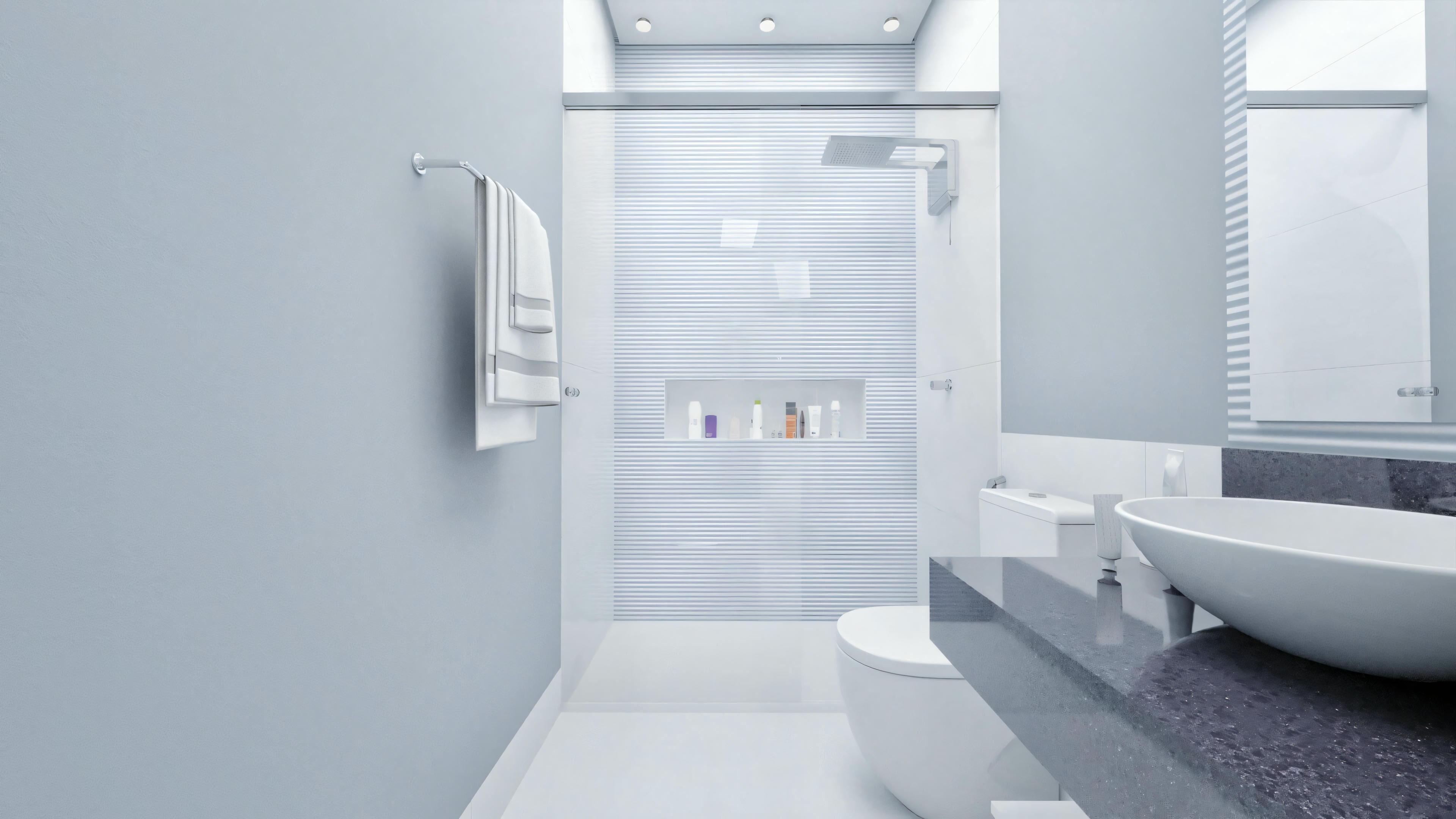 Bathroom with white walls, freestanding bathtub, separate shower area with glass, and double sinks with mirrors above.