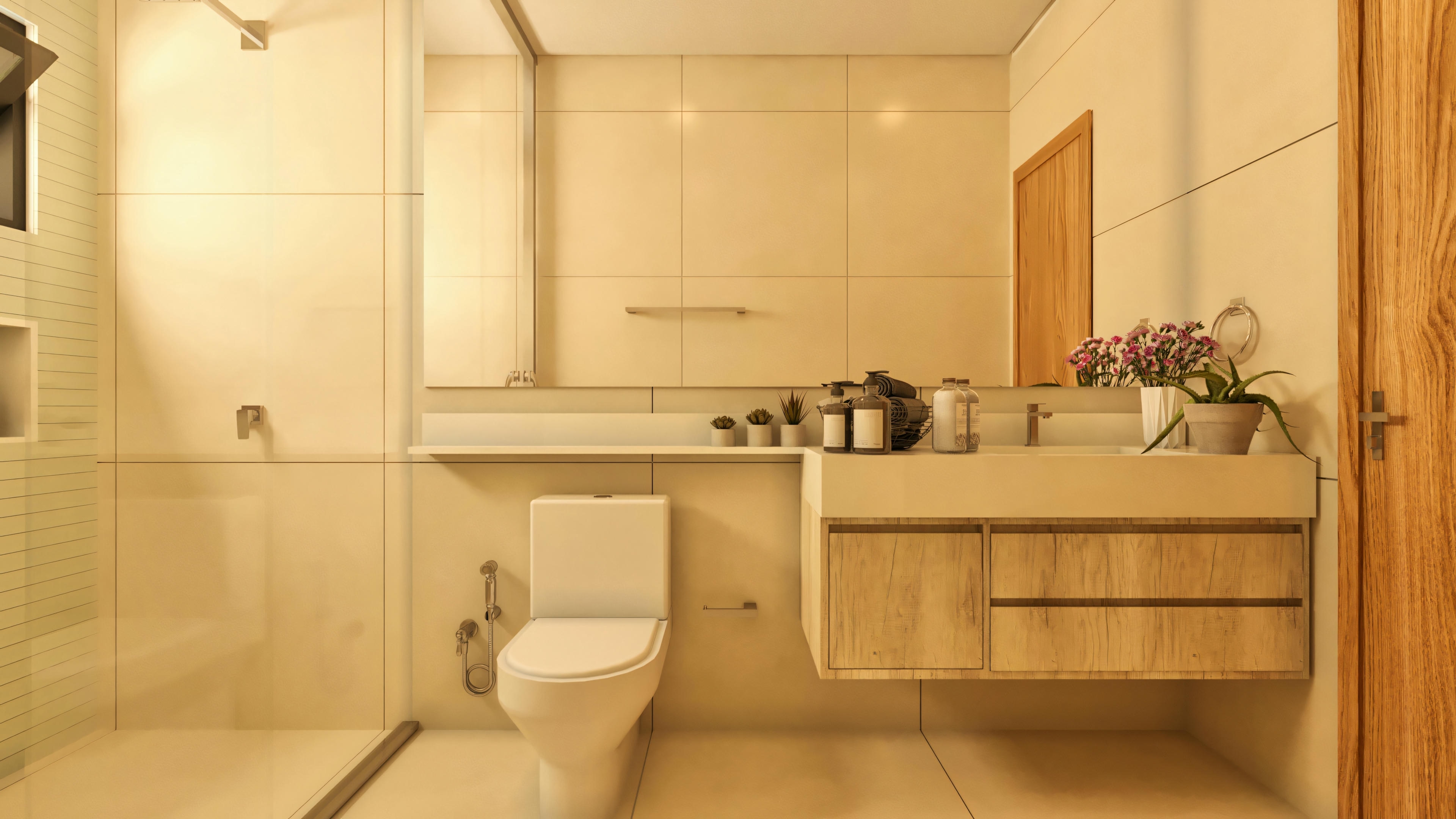 Modern bathroom of one of the suites in a 3-bedroom house with 144.98m², featuring beige porcelain tile cladding, light wood countertop with vessel sink, mirror, glass shower enclosure, and toilet. Details such as a niche in the shower enclosure and built-in lighting complete the design.