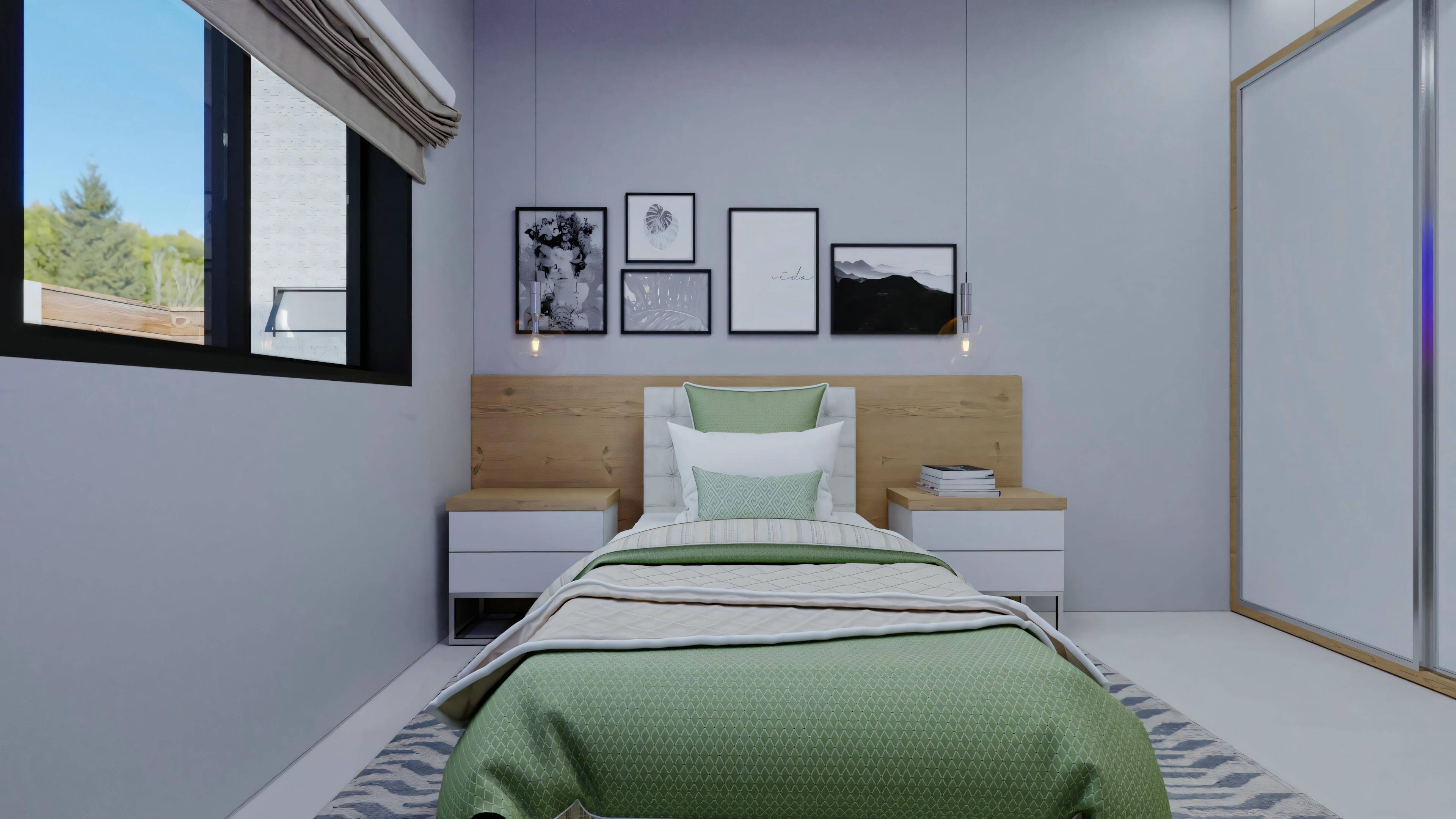 A bedroom with a made bed, two pillows, and a green comforter, with a piece of art on the wall above the bed.