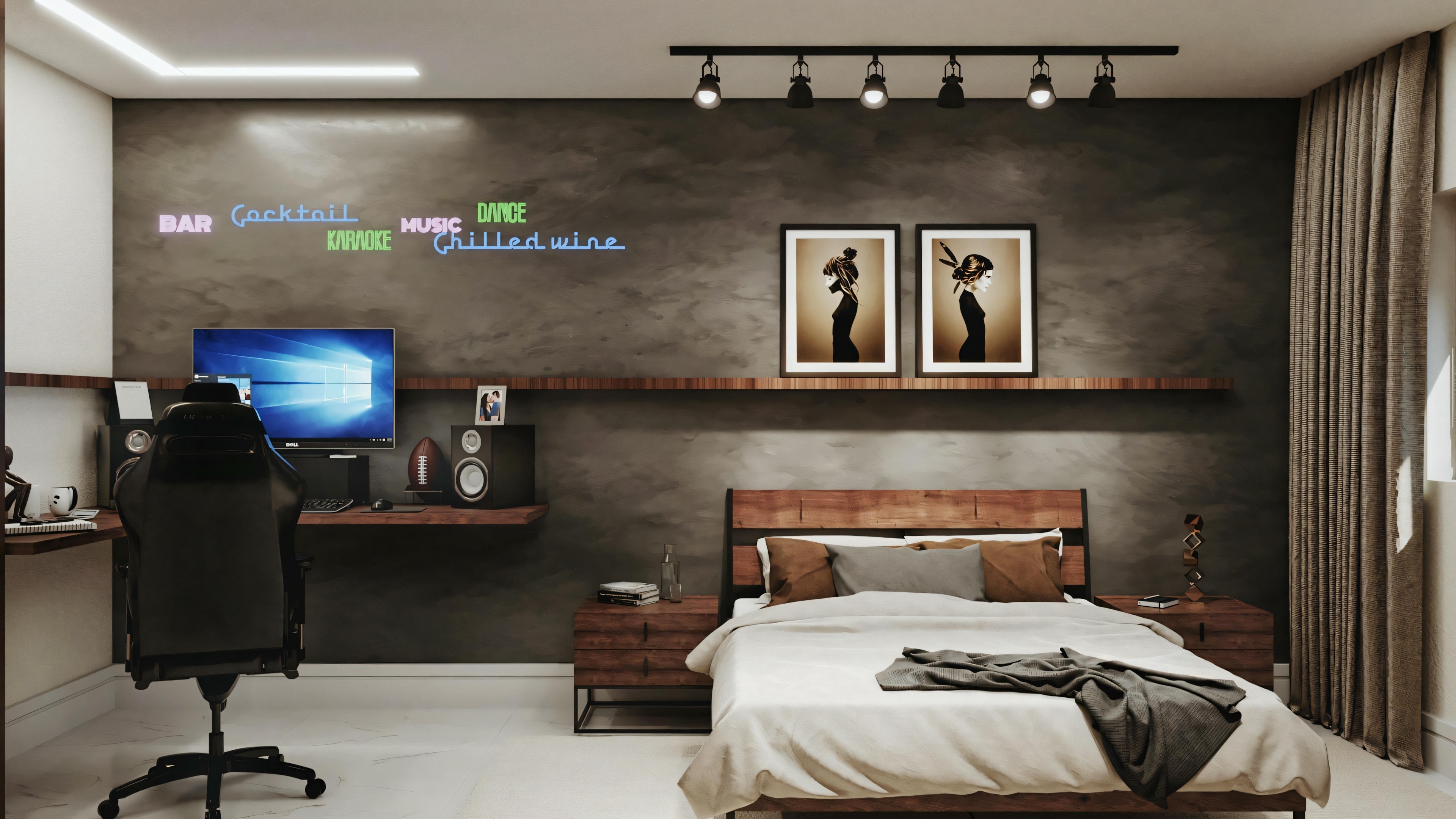 Internal view of a bedroom with a large bed, nightstands, lamps, and a wall-mounted television. There is artwork above the headboard and recessed lighting in the ceiling.