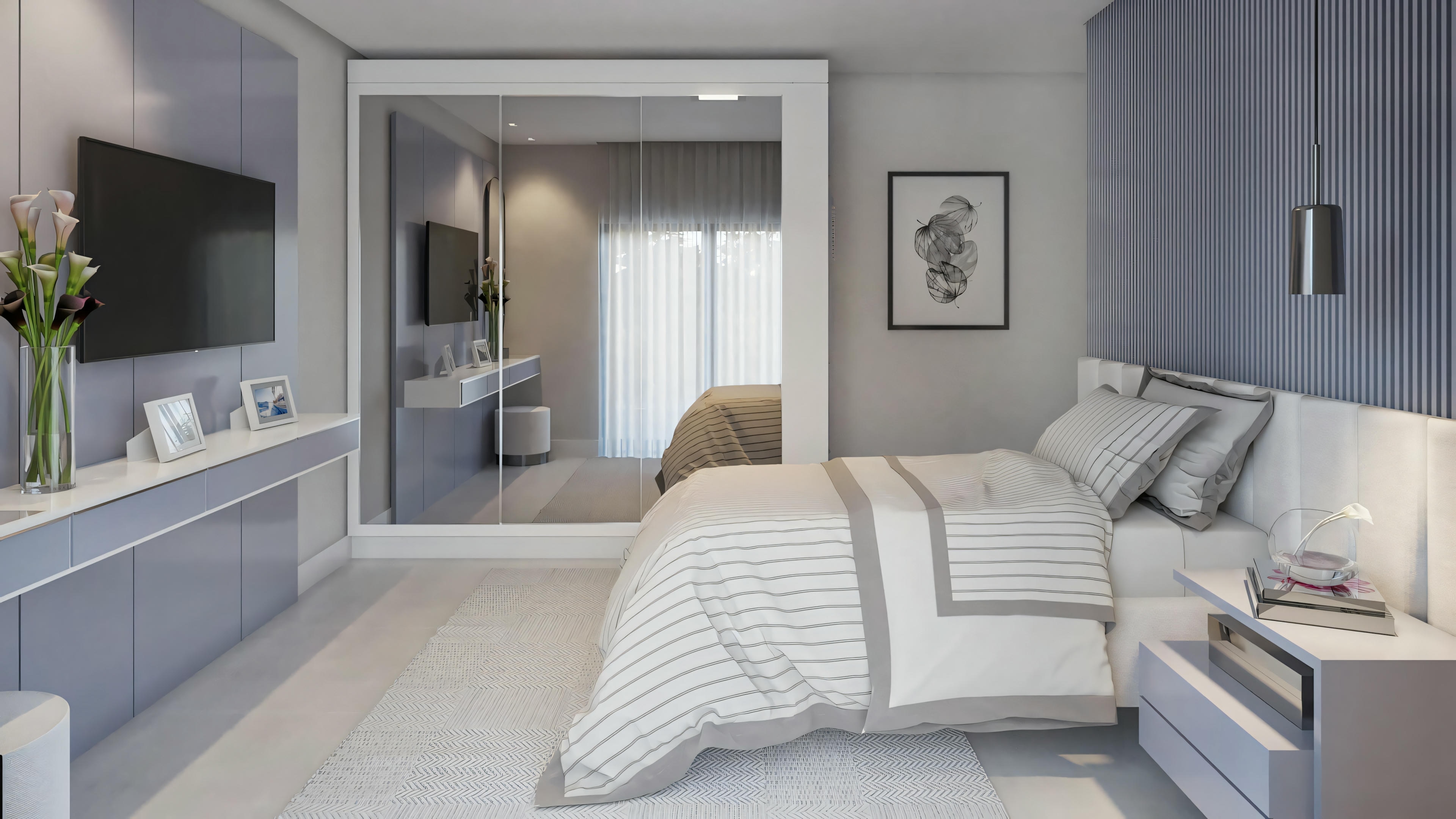 Tidy room with a large bed, pillows, and striped bedspread. There is artwork on the wall above the bed and a wall-mounted television opposite.