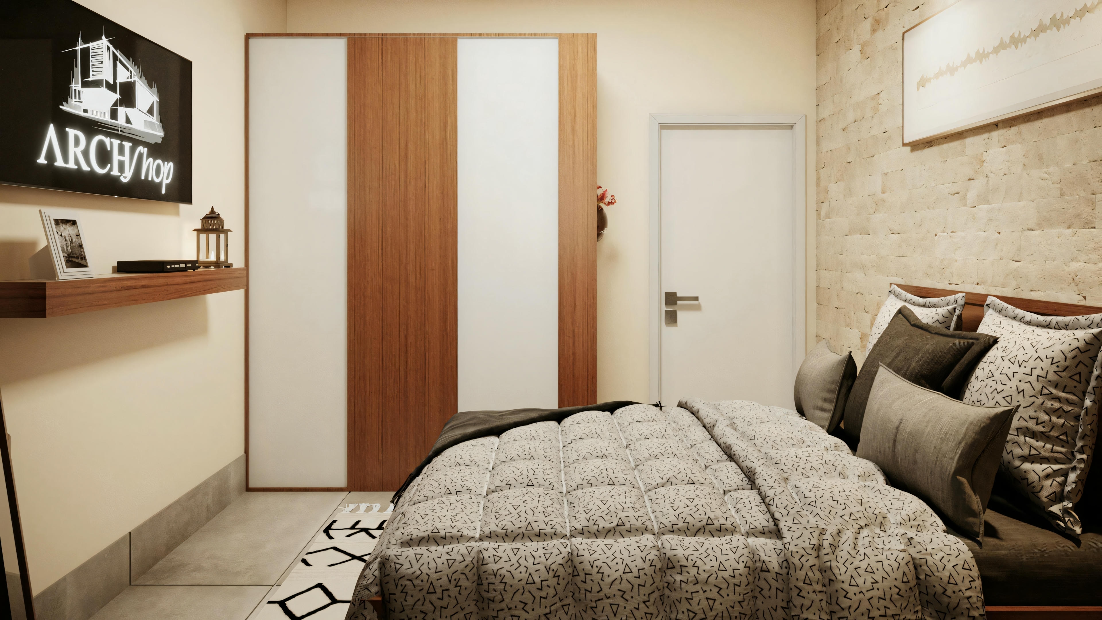 Bedroom with made bed and modern furniture.