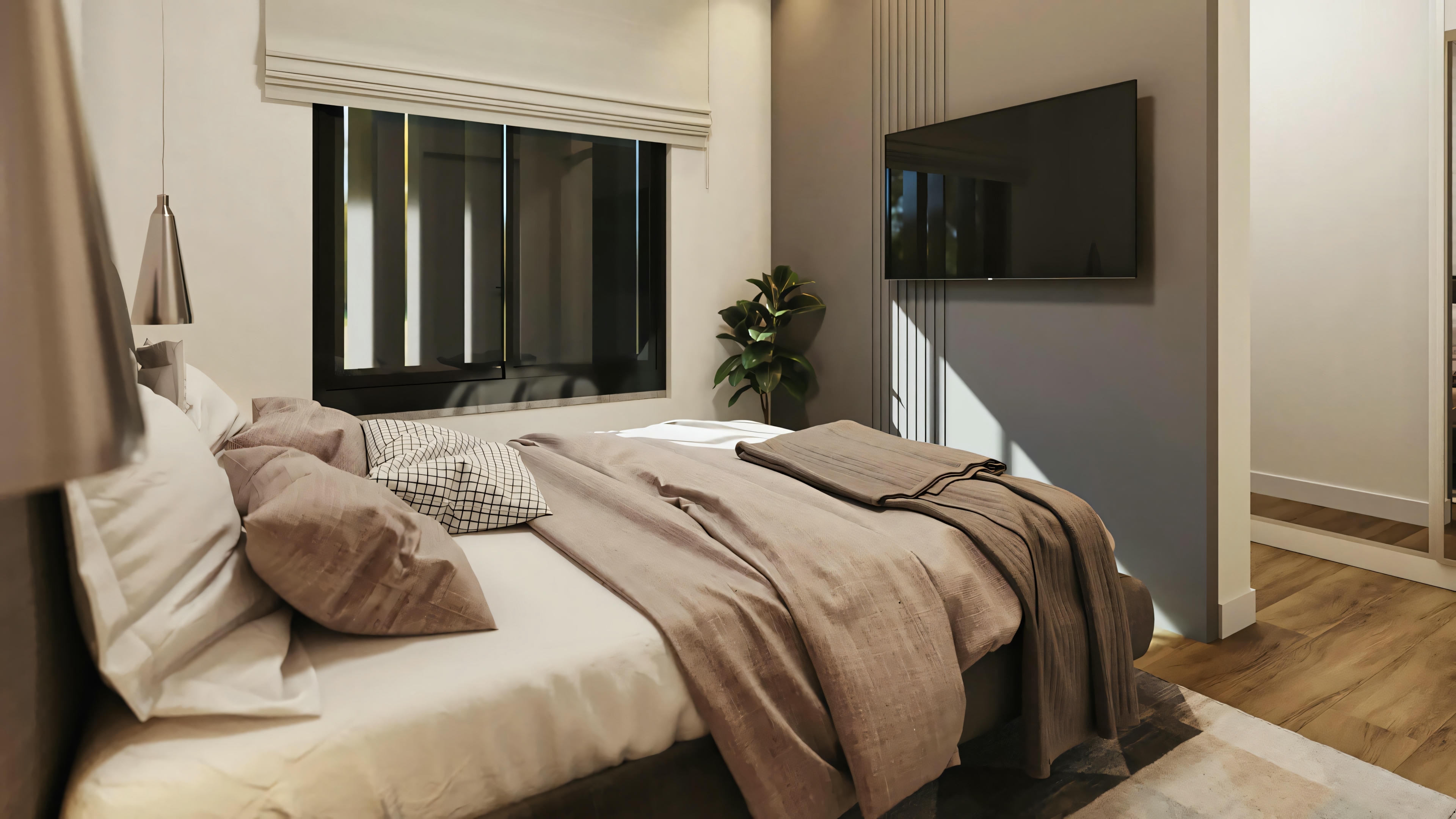 Bedroom with bed covered in pinkish-brown comforter and pillows, with nightstands and lamps.