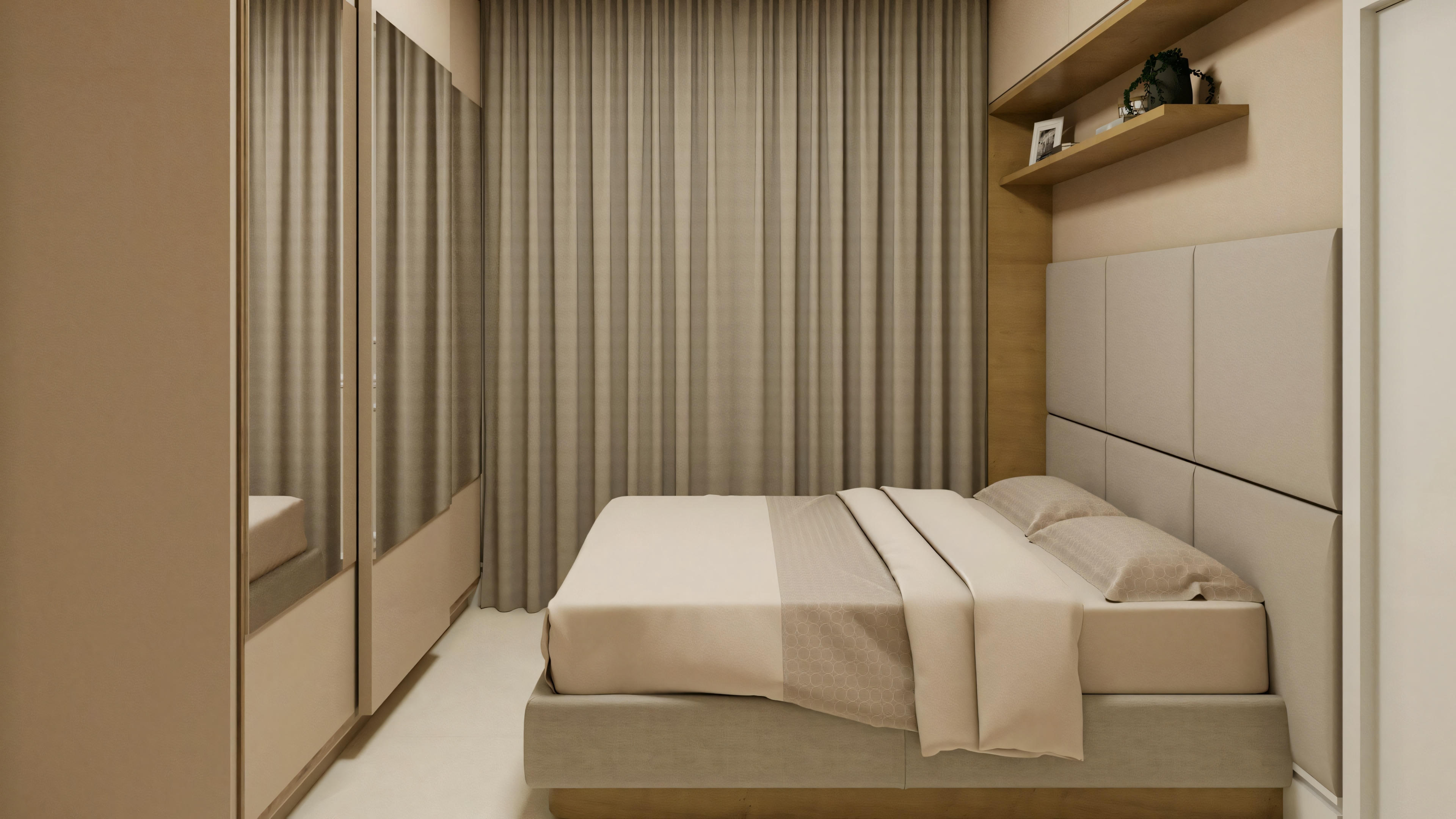 A modern bedroom with a made bed, nightstands, and ambient lighting.