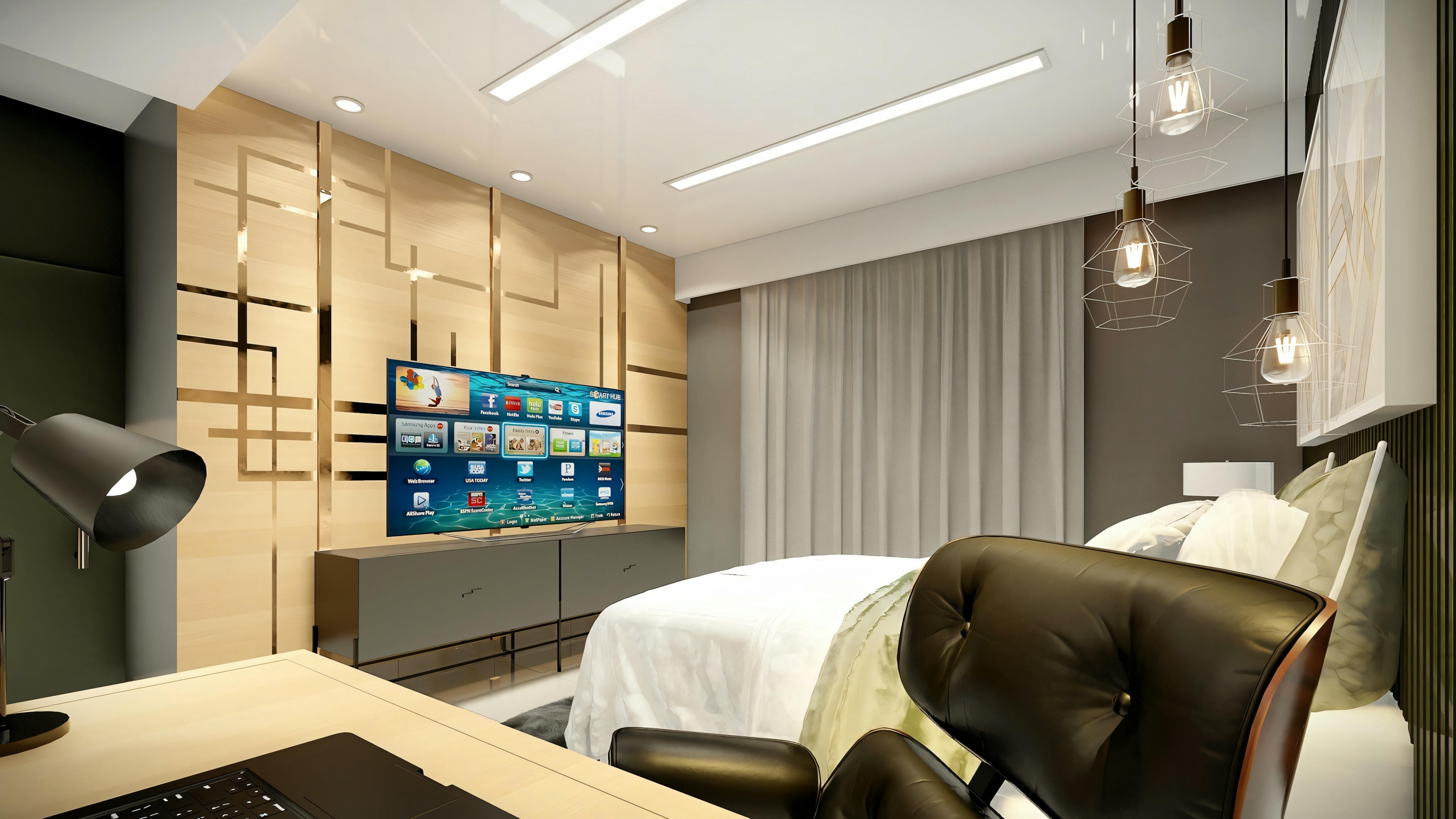 A modern bedroom with a large bed, wooden shelves, and a workspace with a desk and office chair.