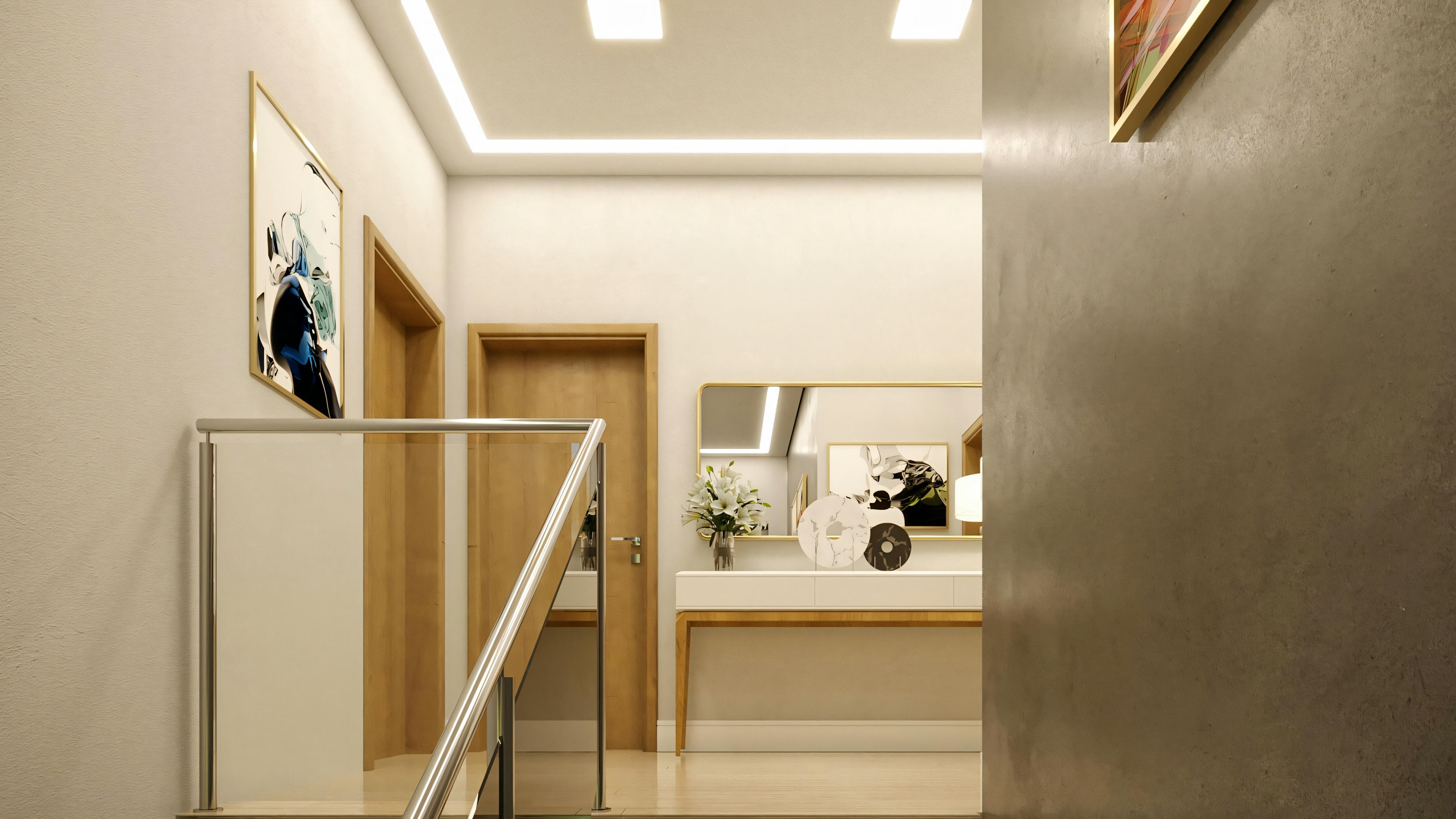A hallway with hardwood flooring, cream-colored walls, and a side table with decorative items and framed pictures.