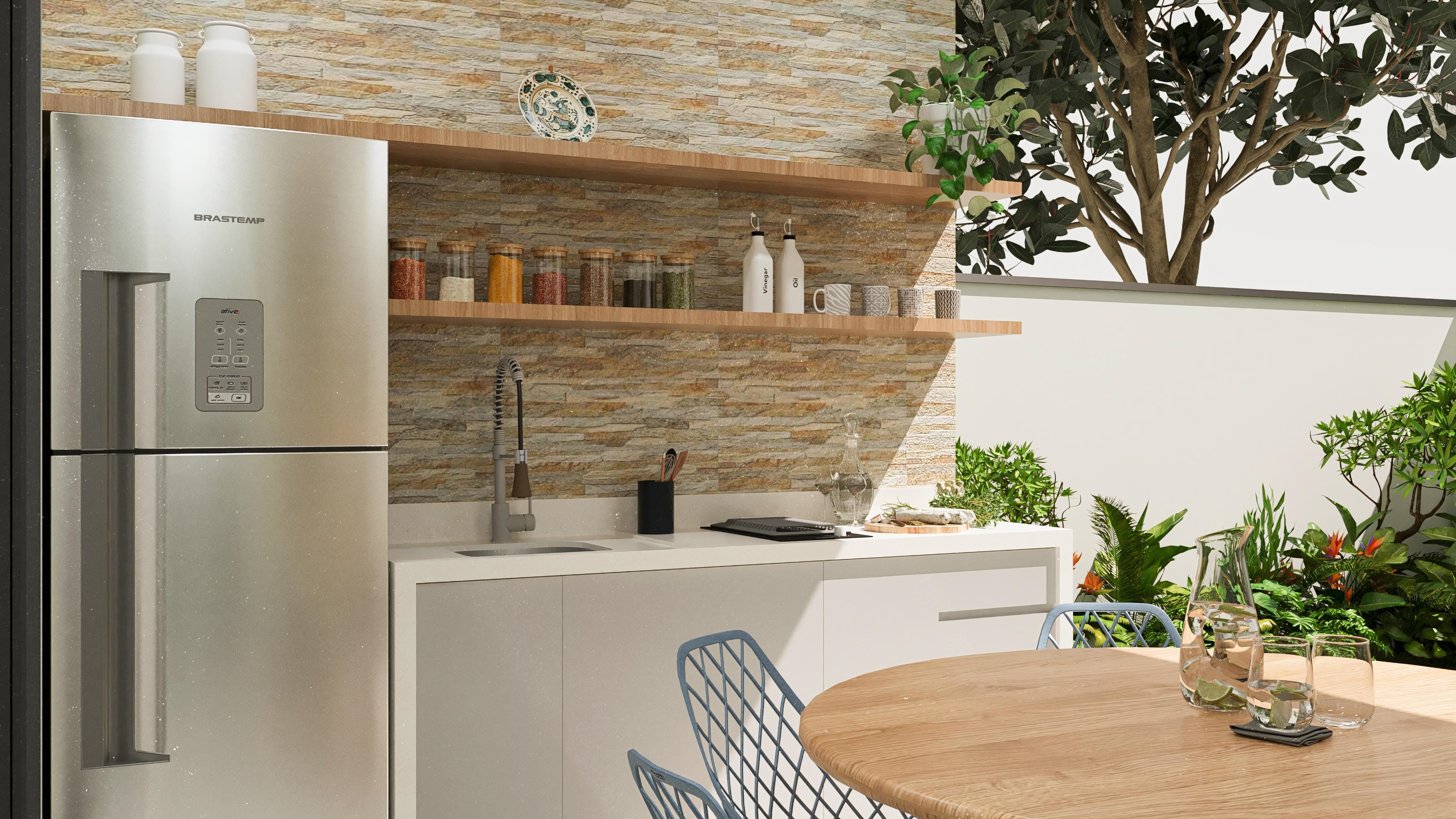 Modern gourmet kitchen with a quartz countertop, stainless steel sink, and natural stone cladding on the wall. Outdoor area with a wooden table and chairs.