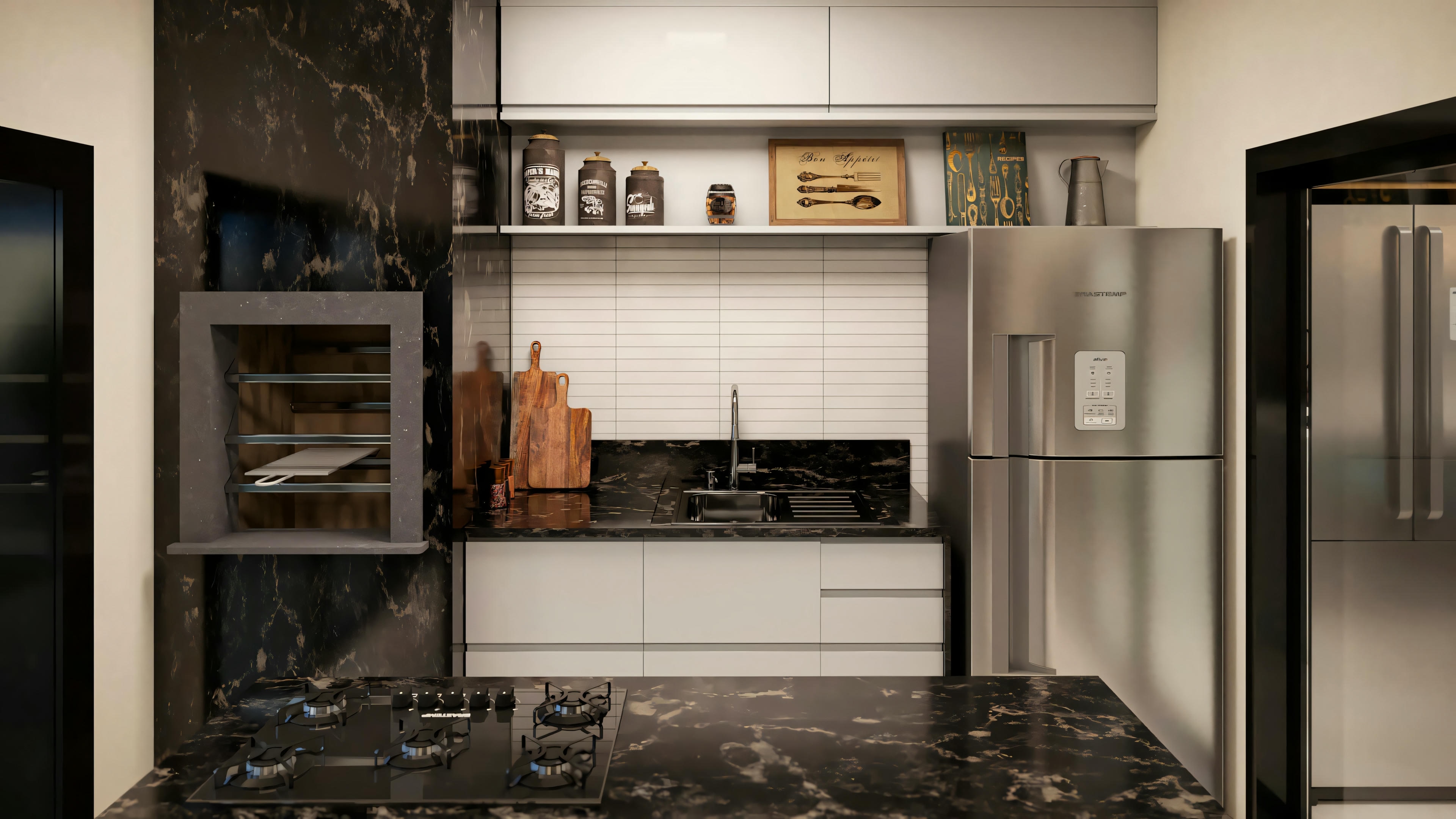 Modern kitchen with white cabinets, dark countertops, and built-in appliances.